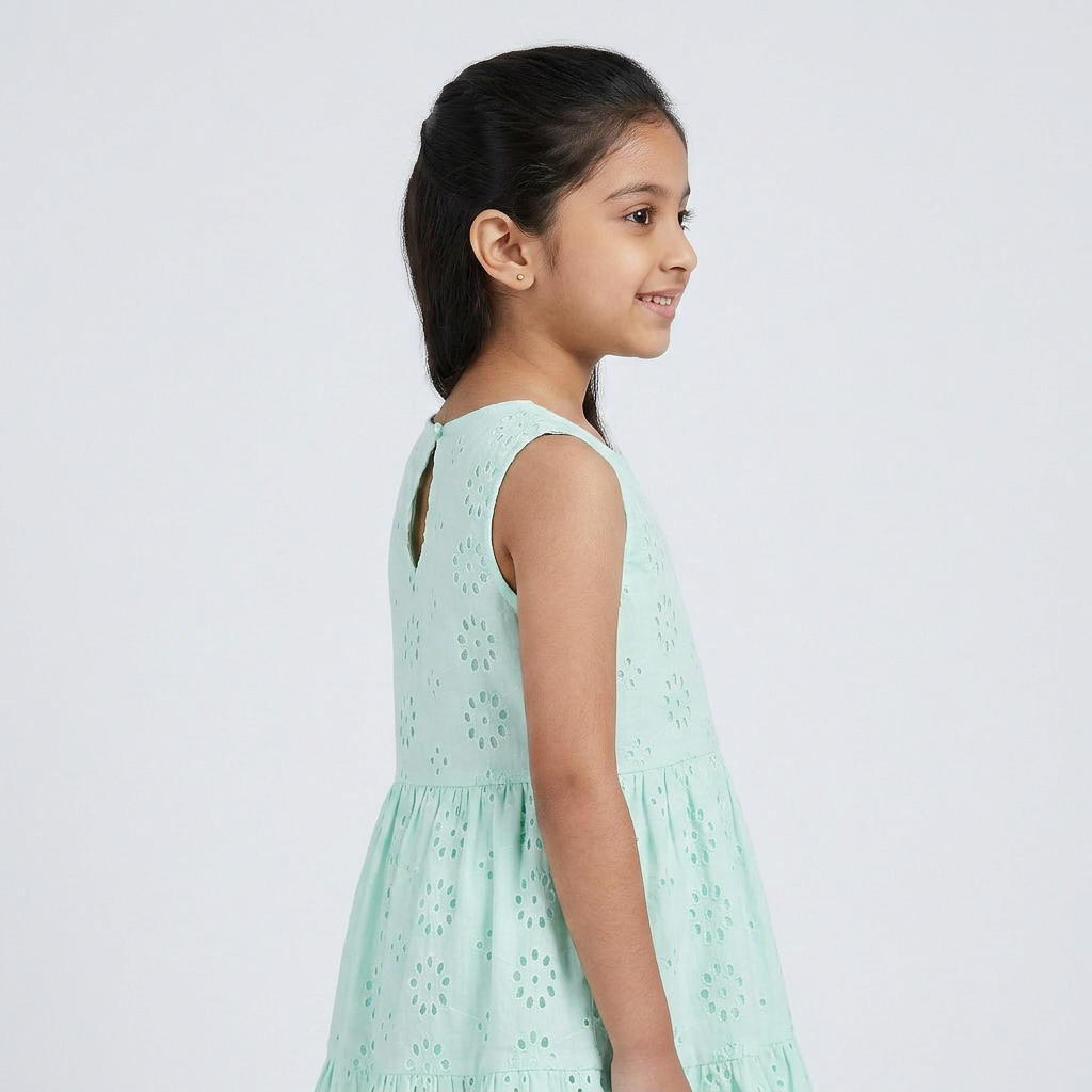 Girls Cotton Schiffli Dress With Back Cutout