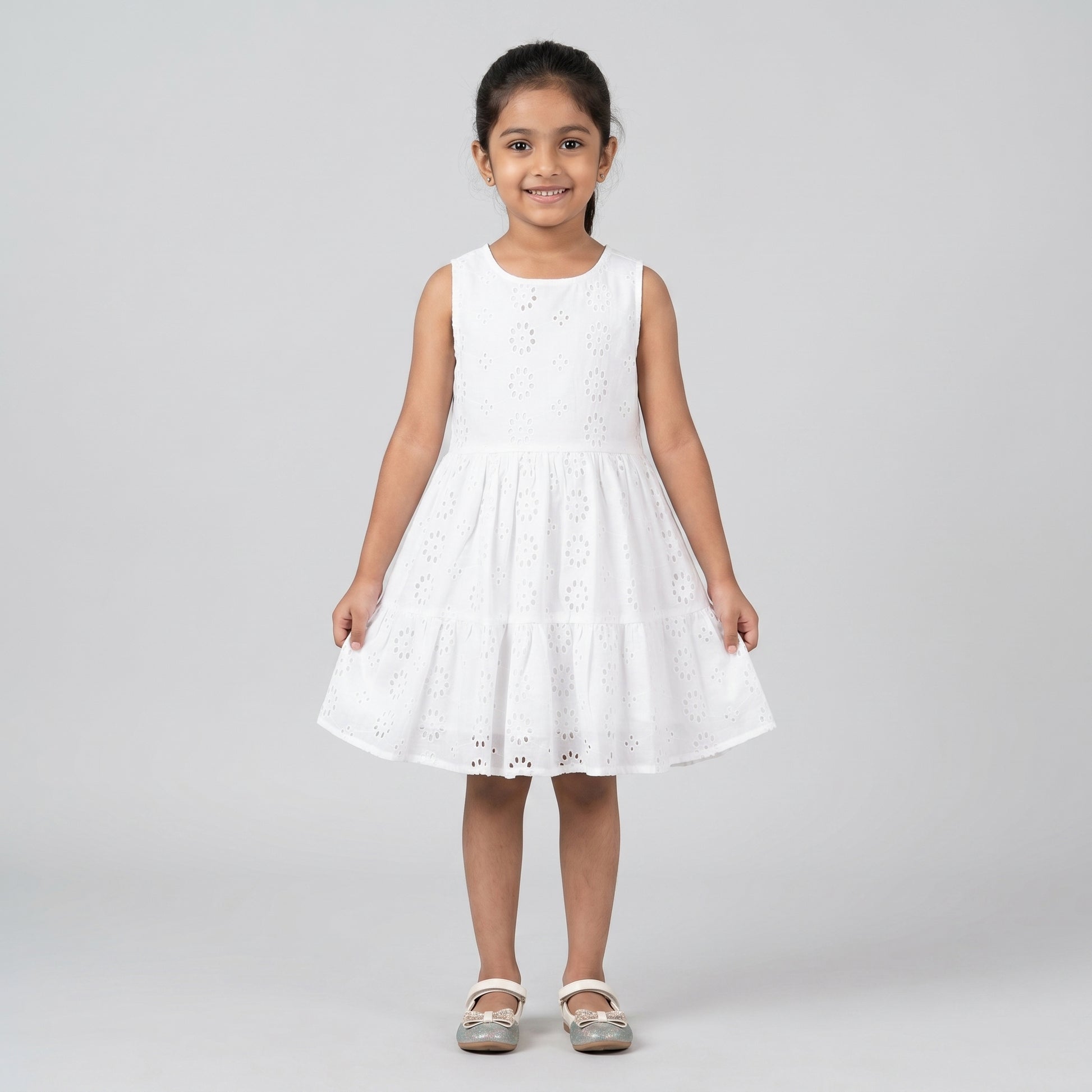 Girls Cotton Schiffli Dress With Back Cutout