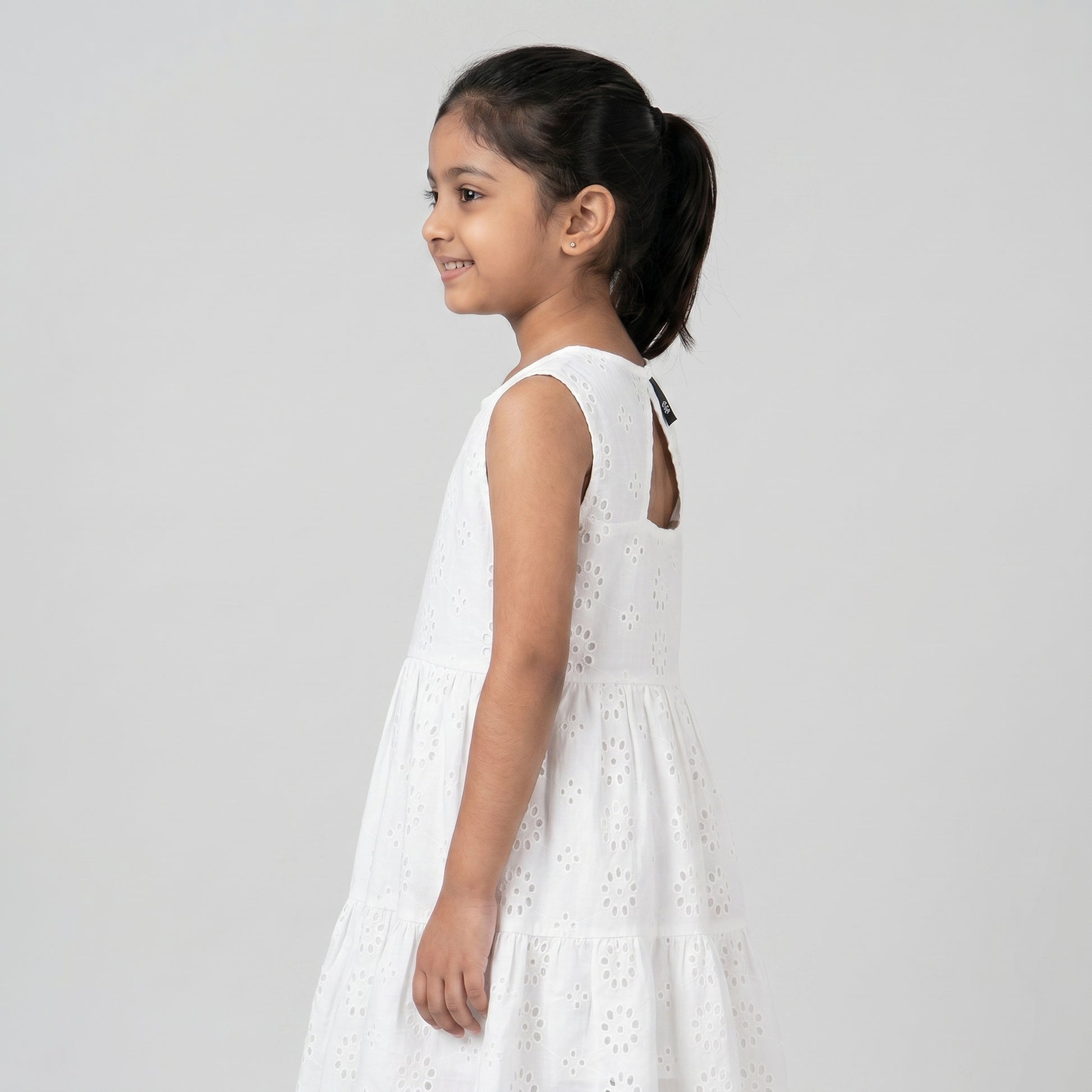 Girls Cotton Schiffli Dress With Back Cutout