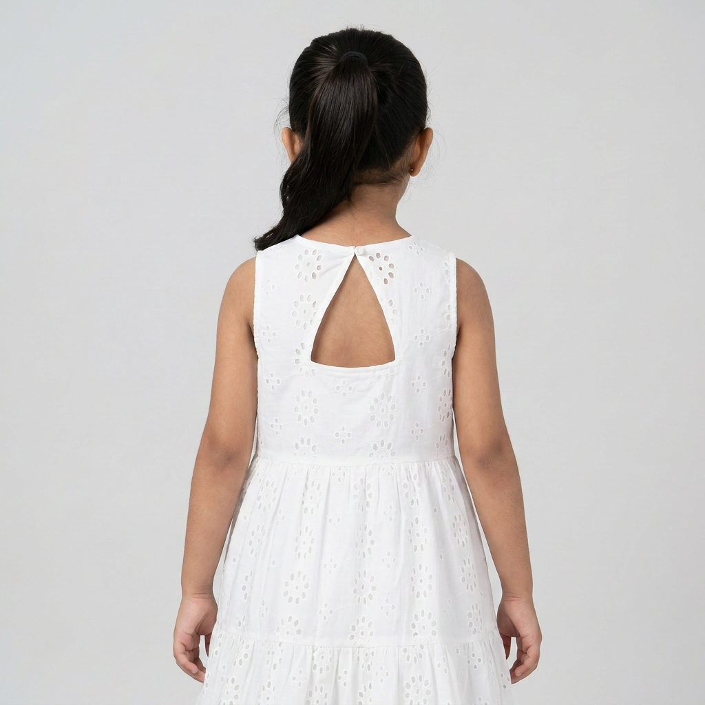 Girls Cotton Schiffli Dress With Back Cutout
