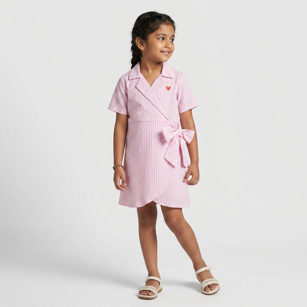 Girls Striped Collared Wrap Dress