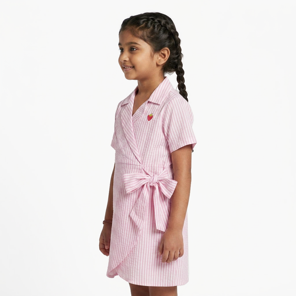 Girls Striped Collared Wrap Dress