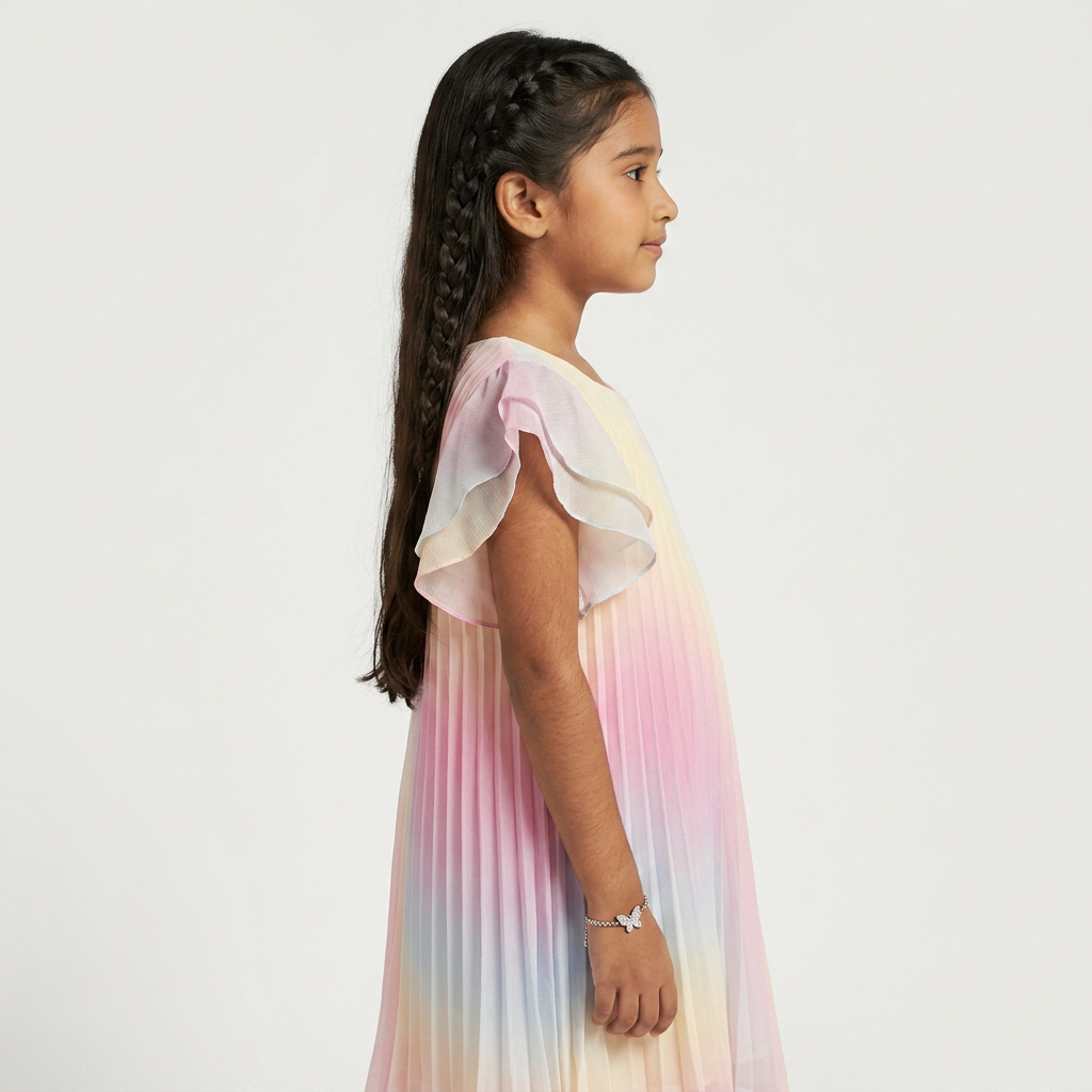 Girls Pleated Flutter Sleeve A-Line Dress