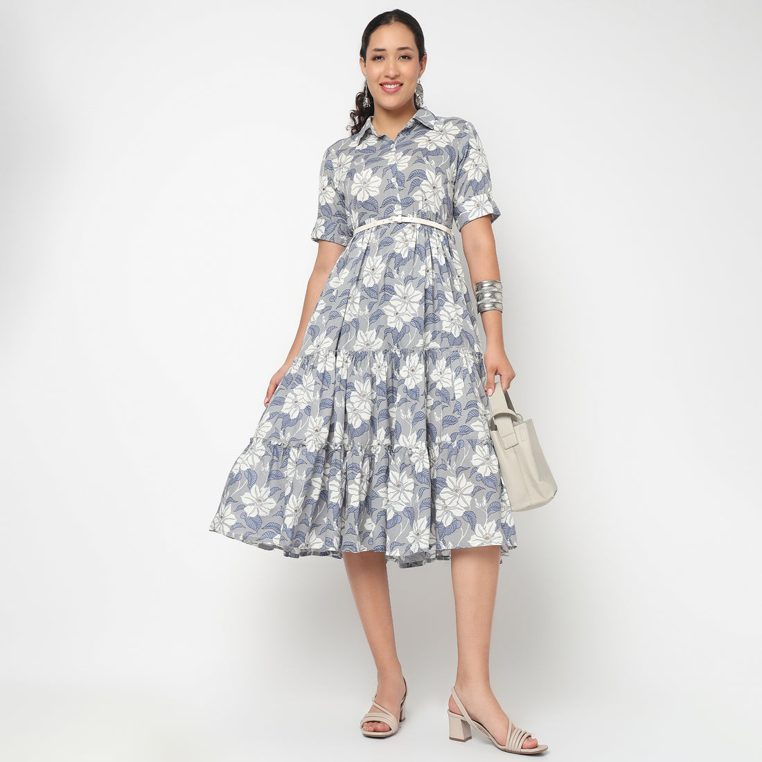 Camp Collar Tiered Floral Dress with Belt