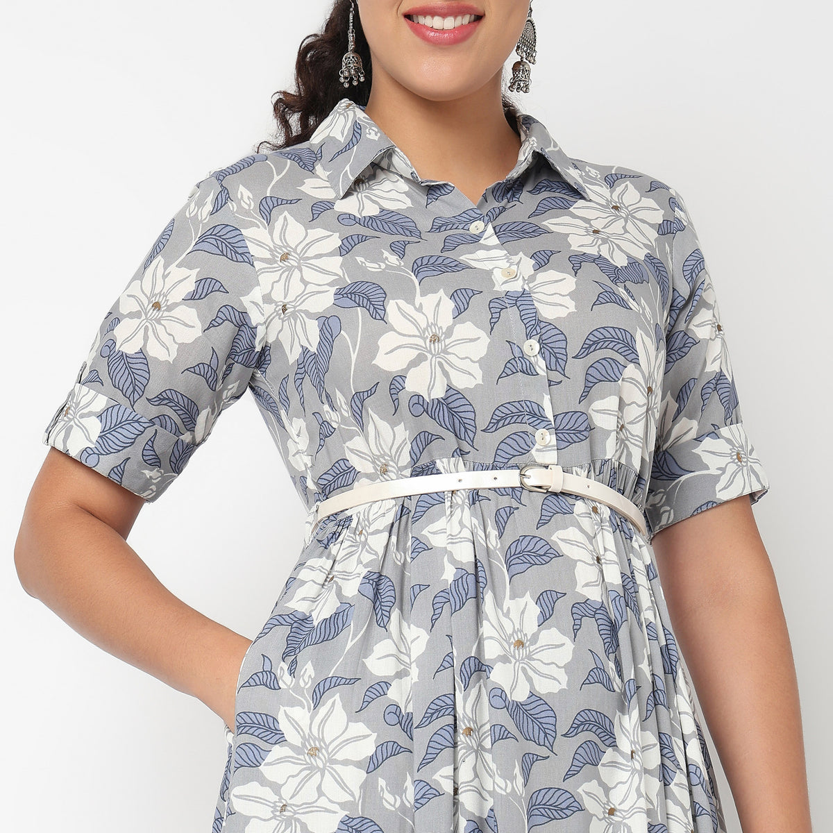 Camp Collar Tiered Floral Dress with Belt
