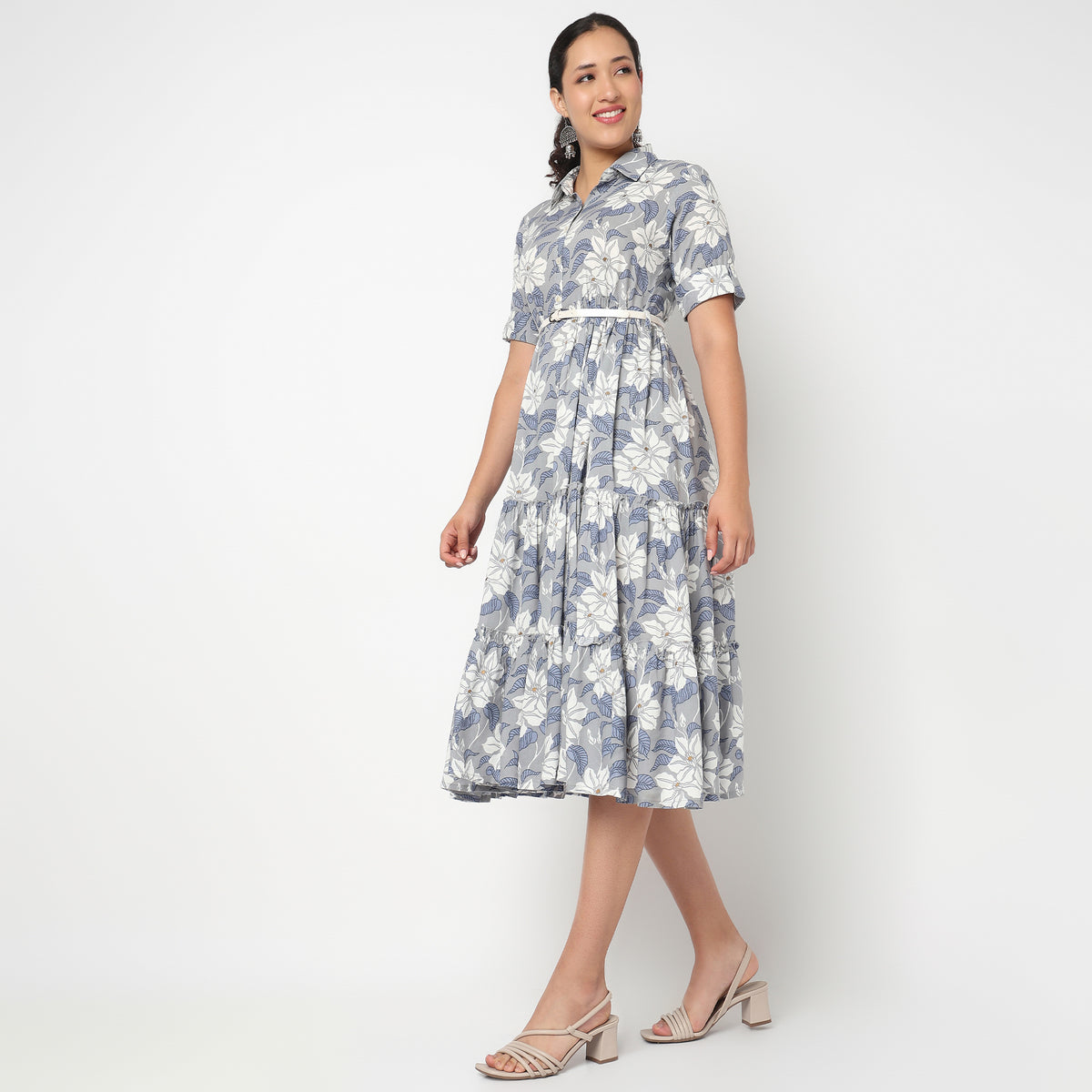 Camp Collar Tiered Floral Dress with Belt