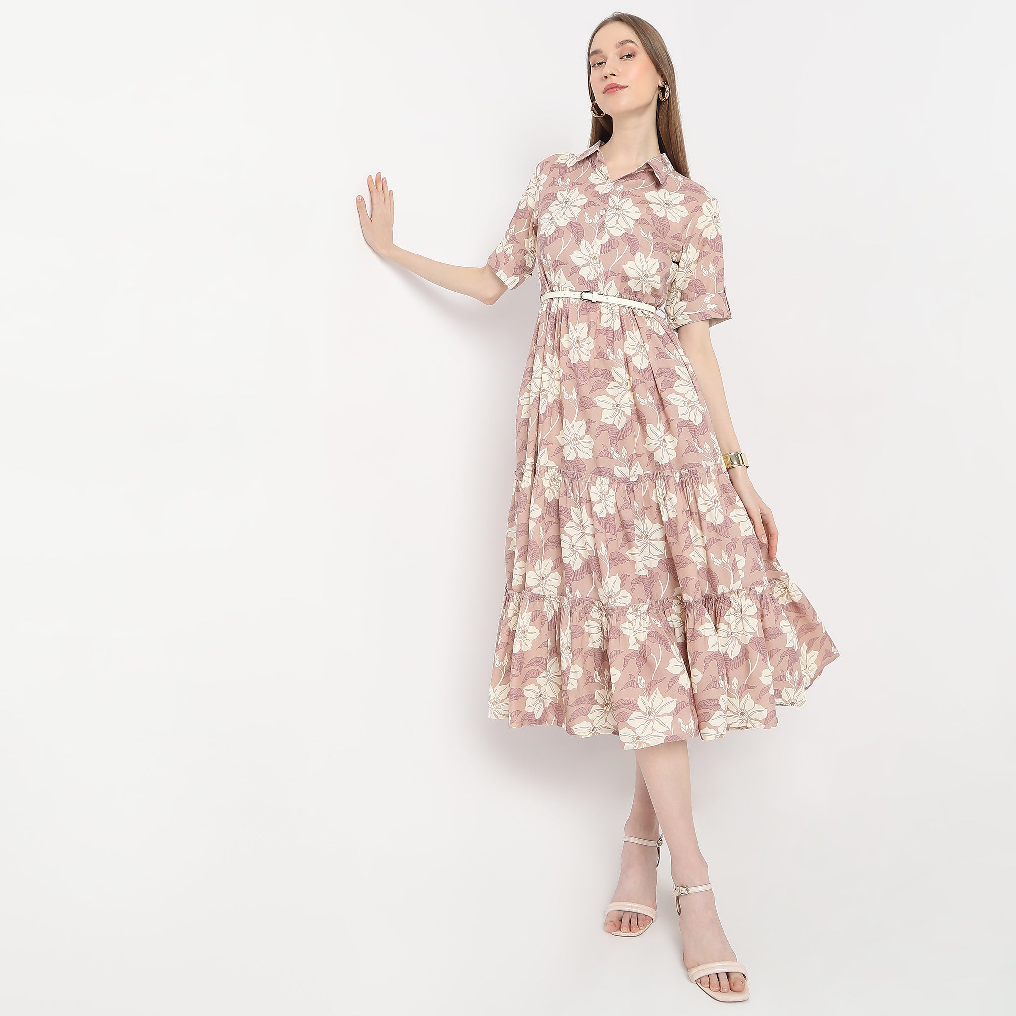 Floral Print Below Knee Flared Tiered Dress With Belt