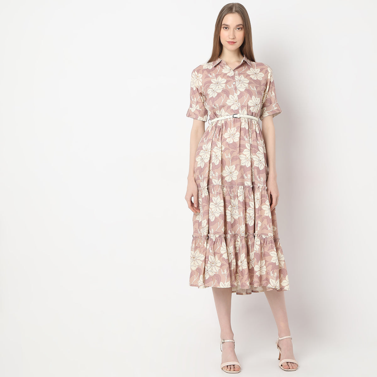 Floral Print Below Knee Flared Tiered Dress with Belt