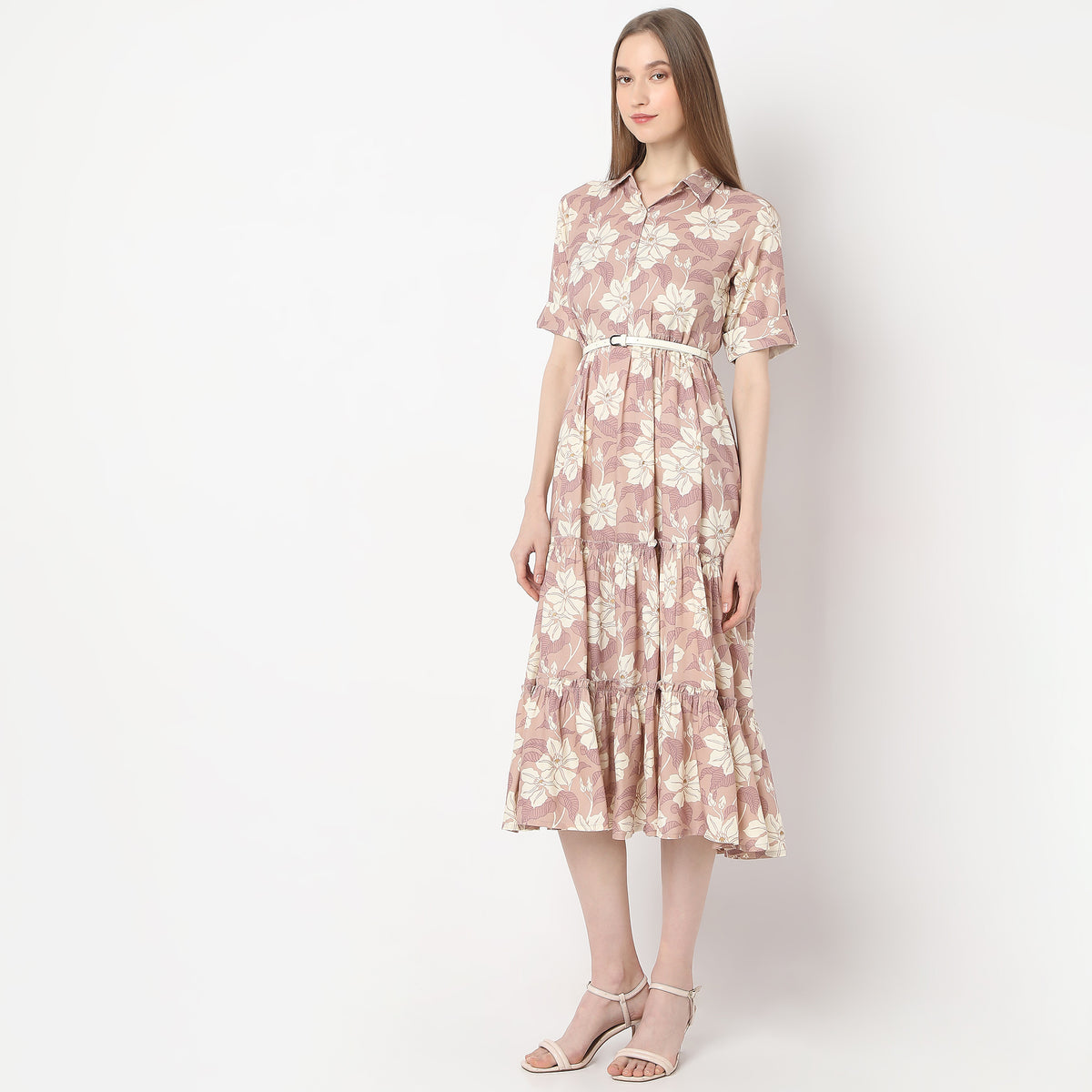 Floral Print Below Knee Flared Tiered Dress with Belt