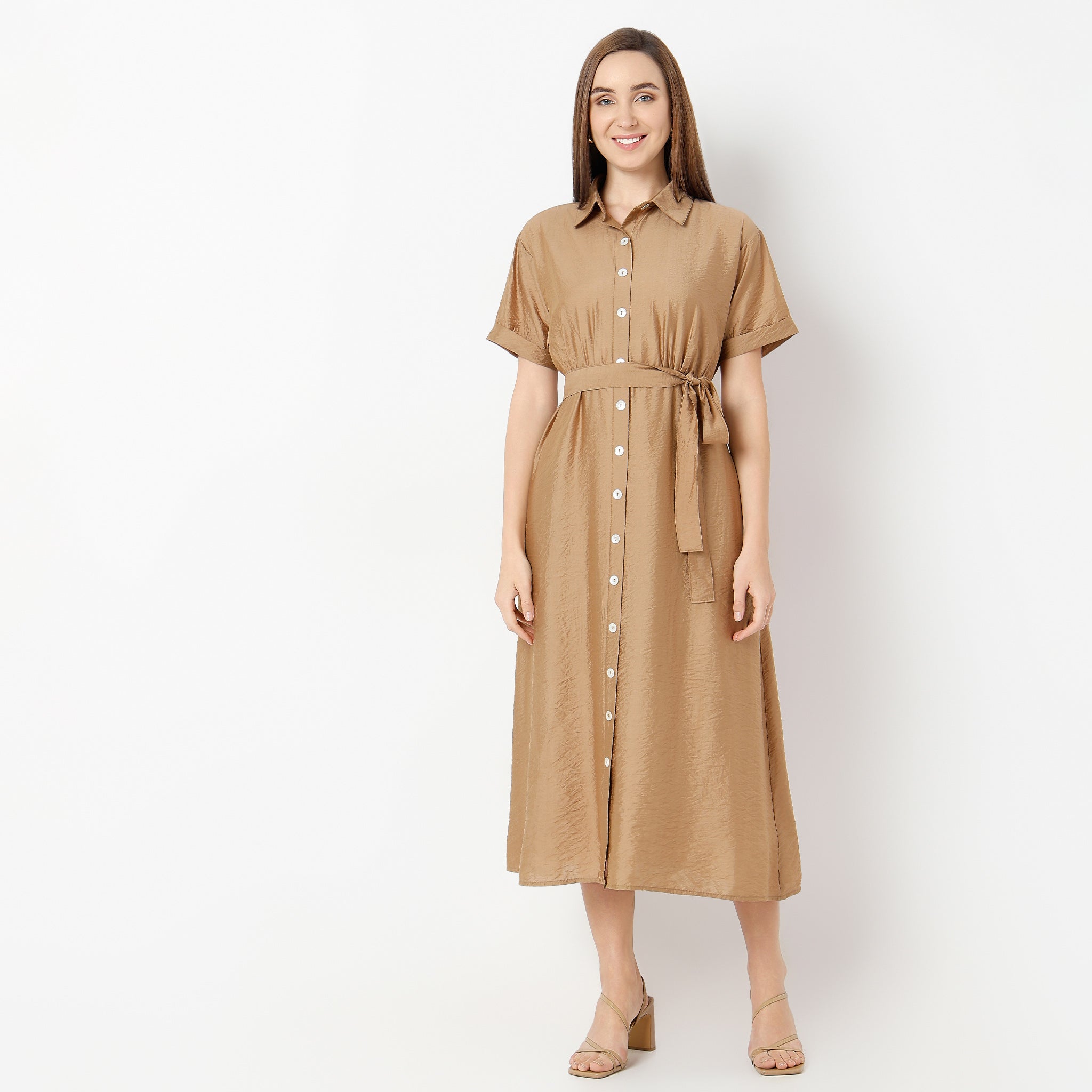 Flare Fit Solid Shirt Collar Dress