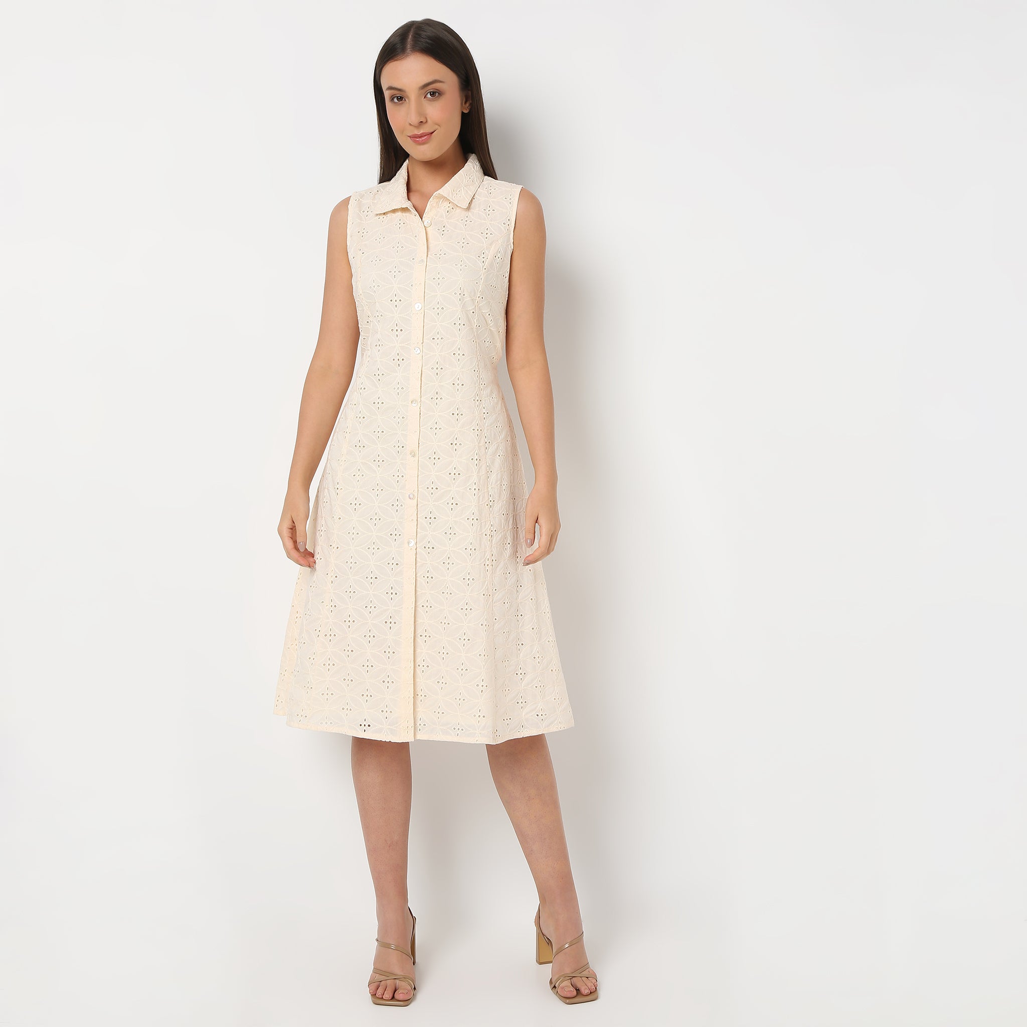 Collar Below Knee Length Sleeveless Schiffli Flare Fit Dress Shirt