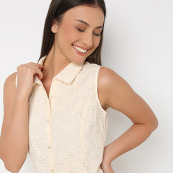 Collar Below Knee Length Sleeveless Schiffli Flare Fit Dress Shirt