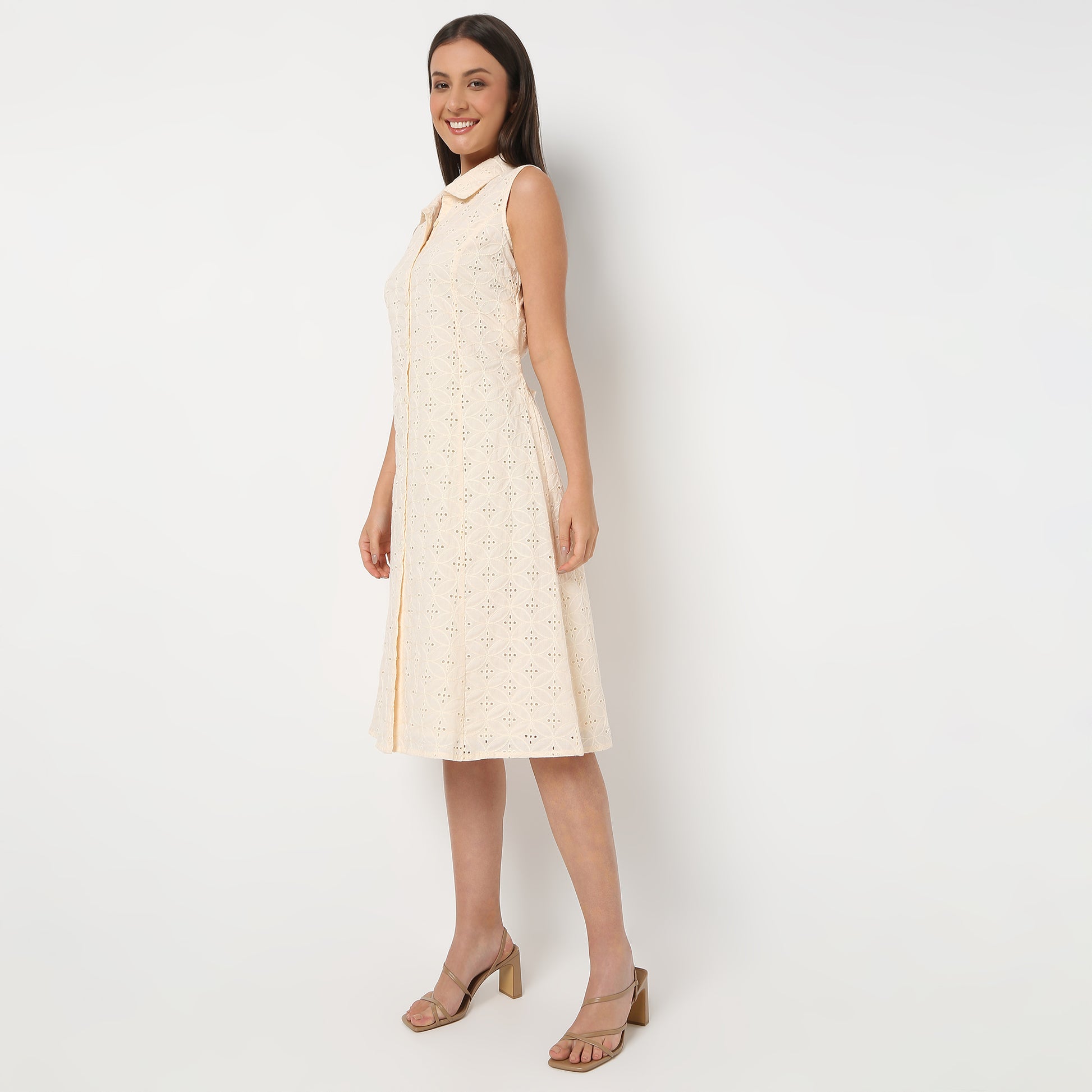 Collar Below Knee Length Sleeveless Schiffli Flare Fit Dress Shirt