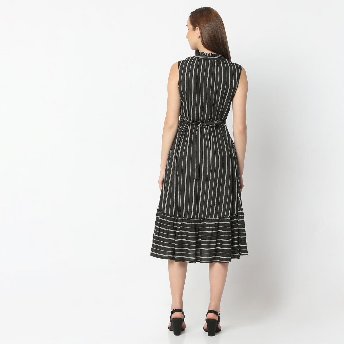 Flare Fit Printed Band Neck Knee Length Dress