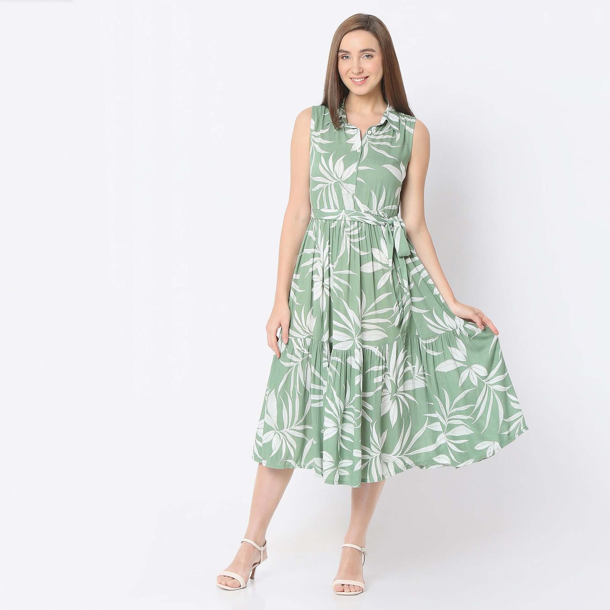 Flare Fit Floral Print Shirt Collar Calf Length Dress