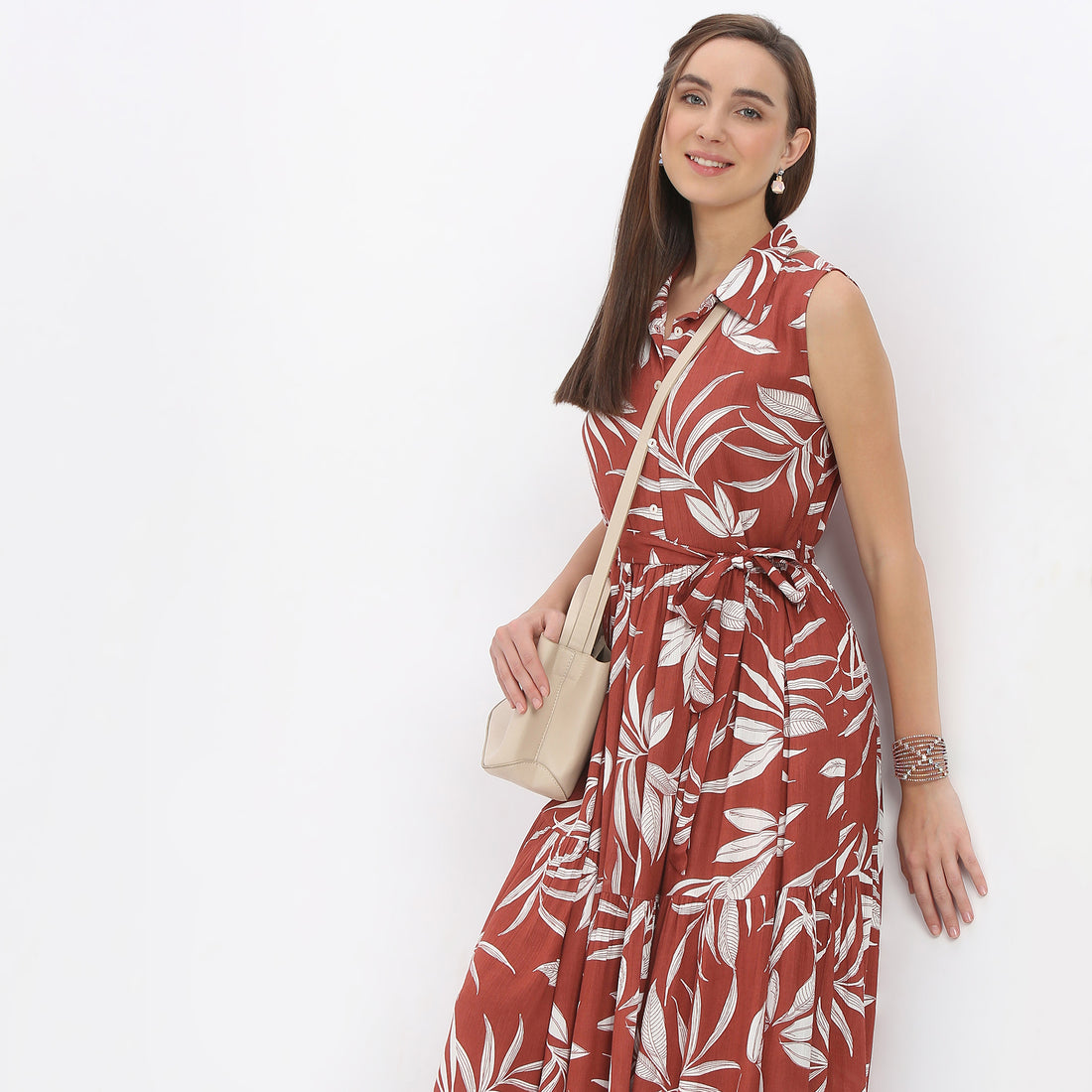 Flare Fit Floral Print Shirt Collar Calf Length Dress