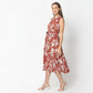 Flare Fit Floral Print Shirt Collar Calf Length Dress
