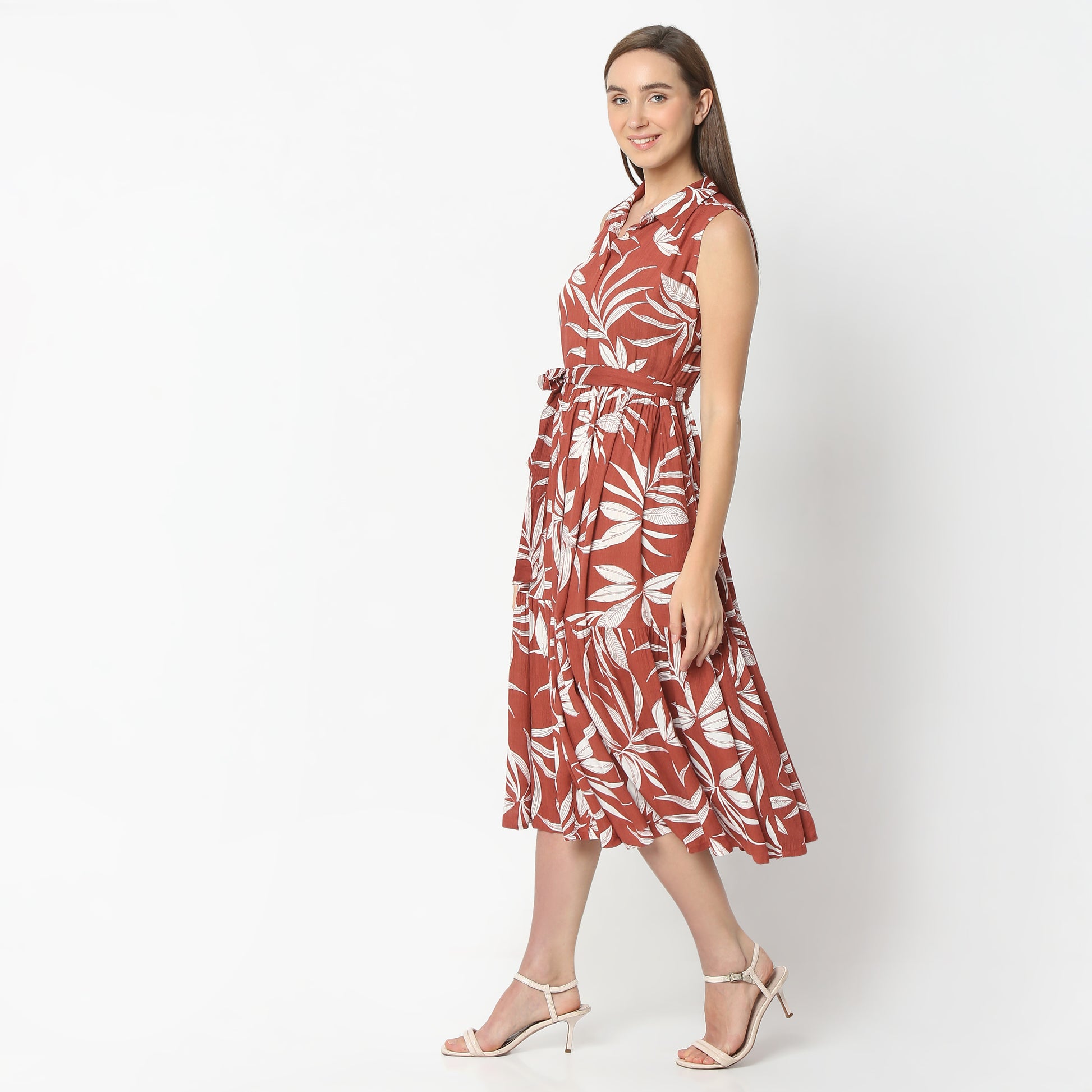 Flare Fit Floral Print Shirt Collar Calf Length Dress