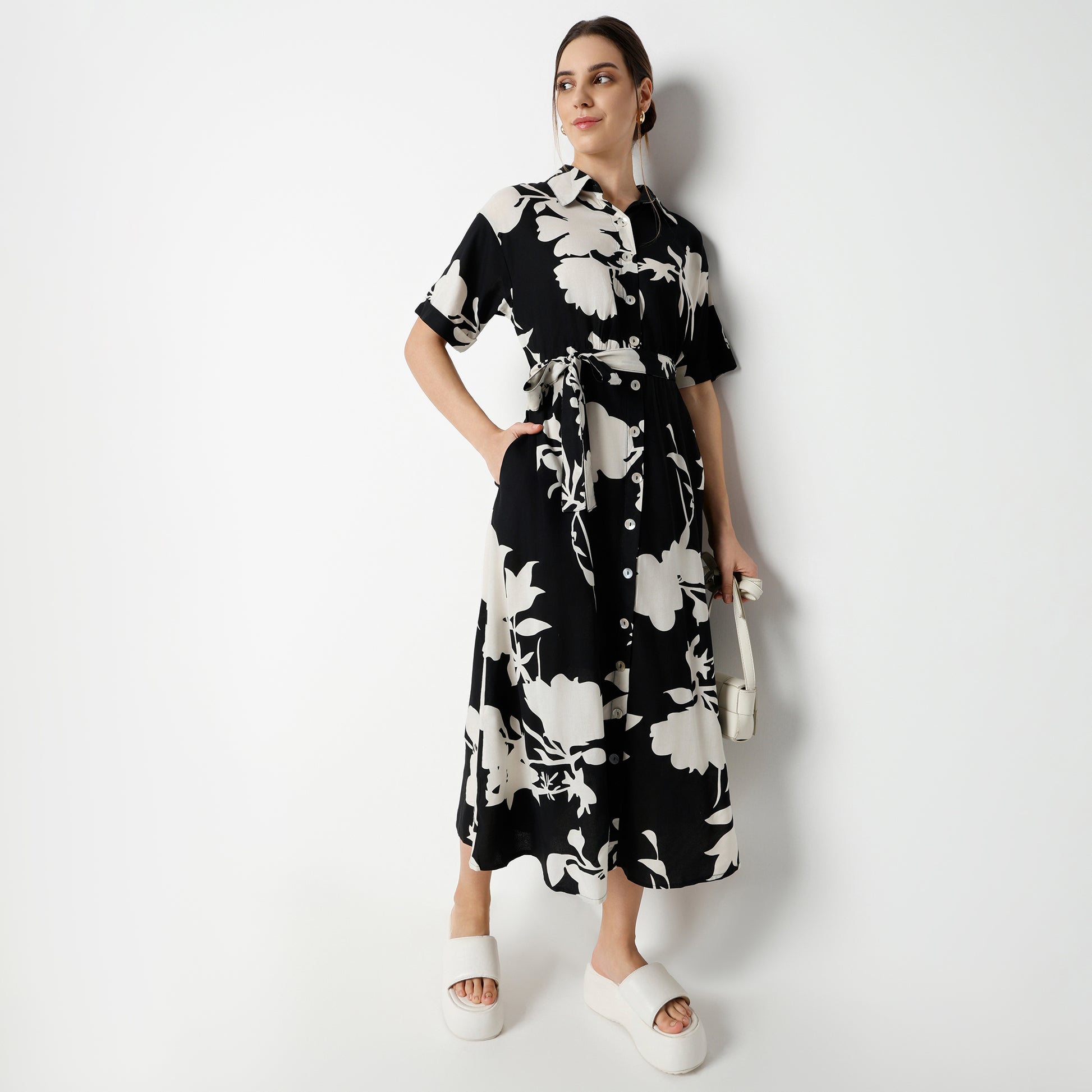 Flare Fit Printed Below Knee Short Sleeve Belted Shirt Dress Style Union Flare Fit Printed Below Knee Short Sleeve Belted Shirt Dress Style Union