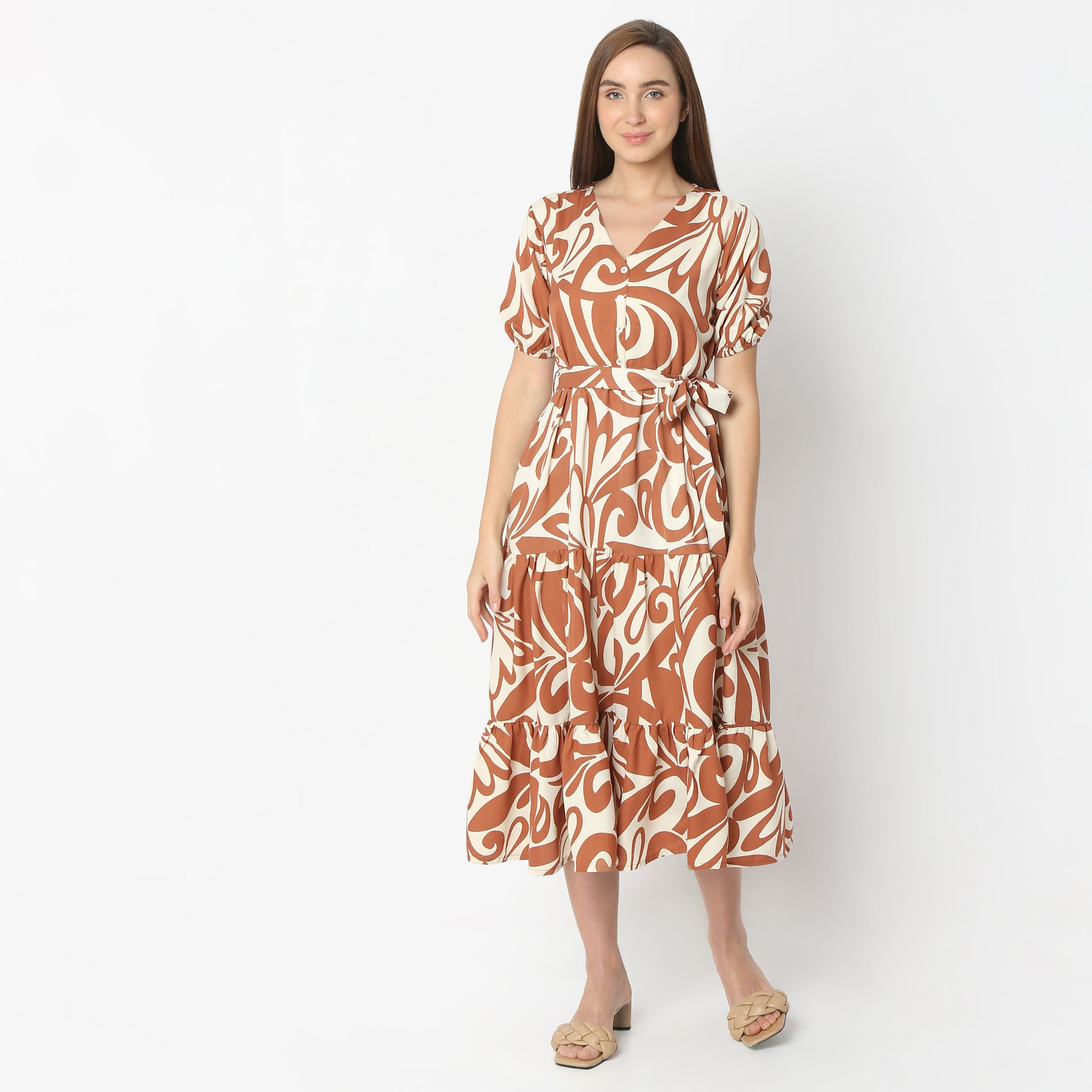 Flare Fit Printed Below Knee V-Neck Short Sleeve Dress Style Union Flare Fit Printed Below Knee V-Neck Short Sleeve Dress Style Union
