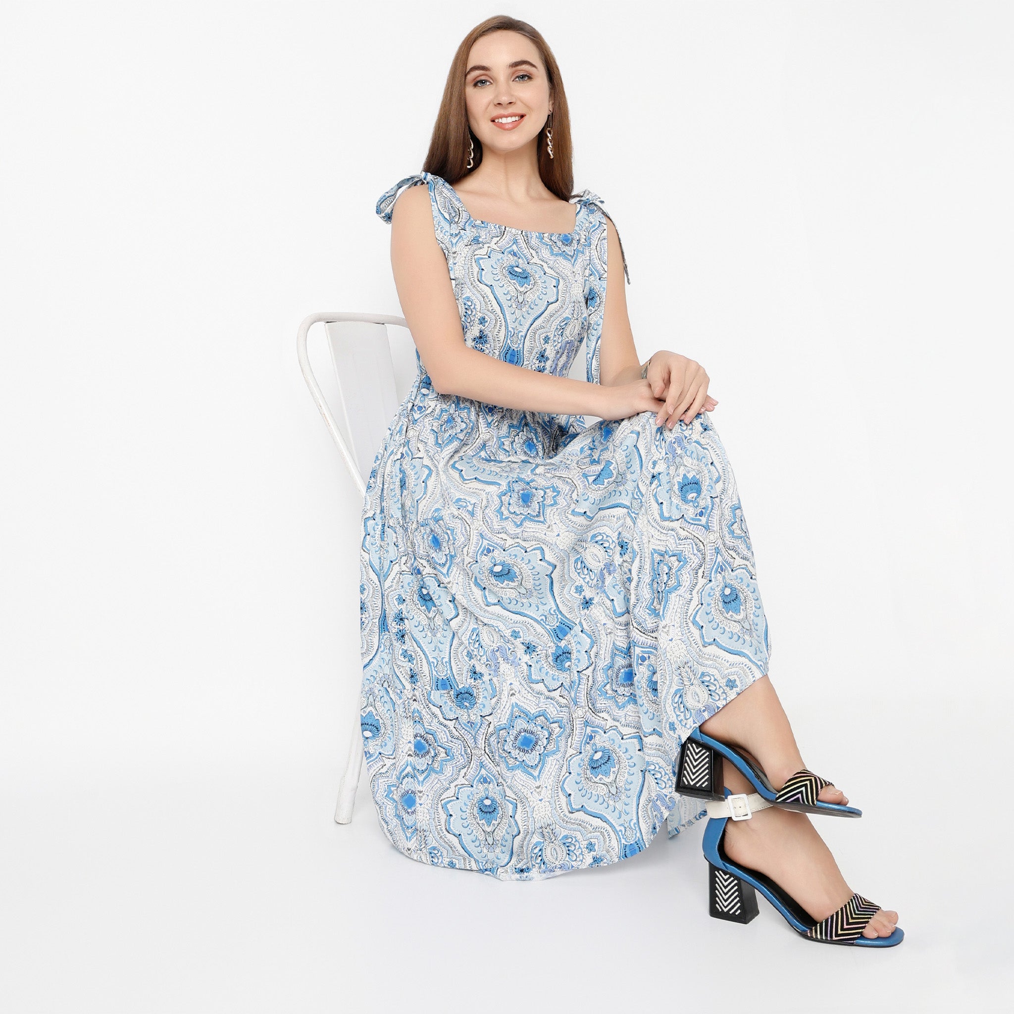 Flare Fit Printed Square Neck Dress