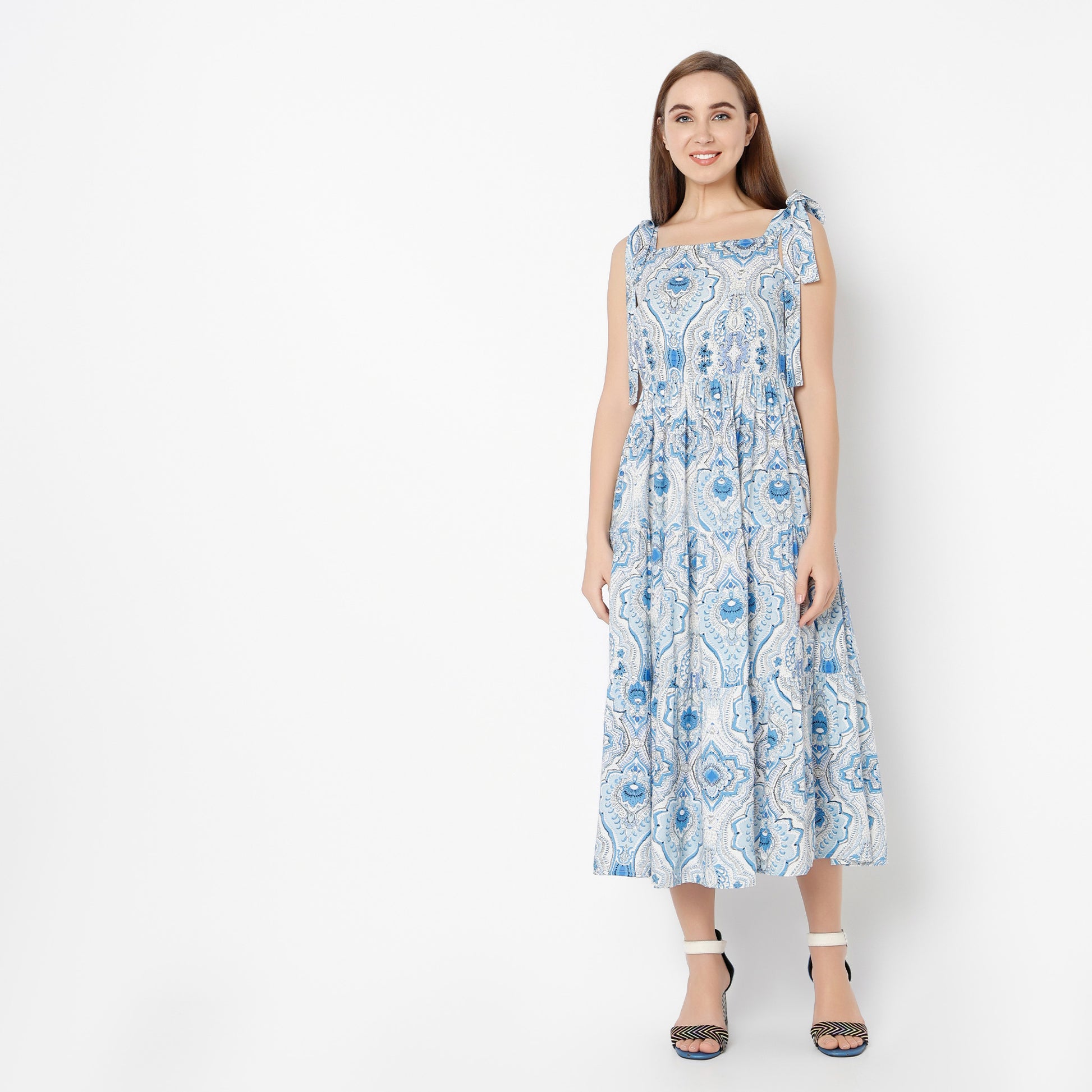 Flare Fit Printed Square Neck Dress