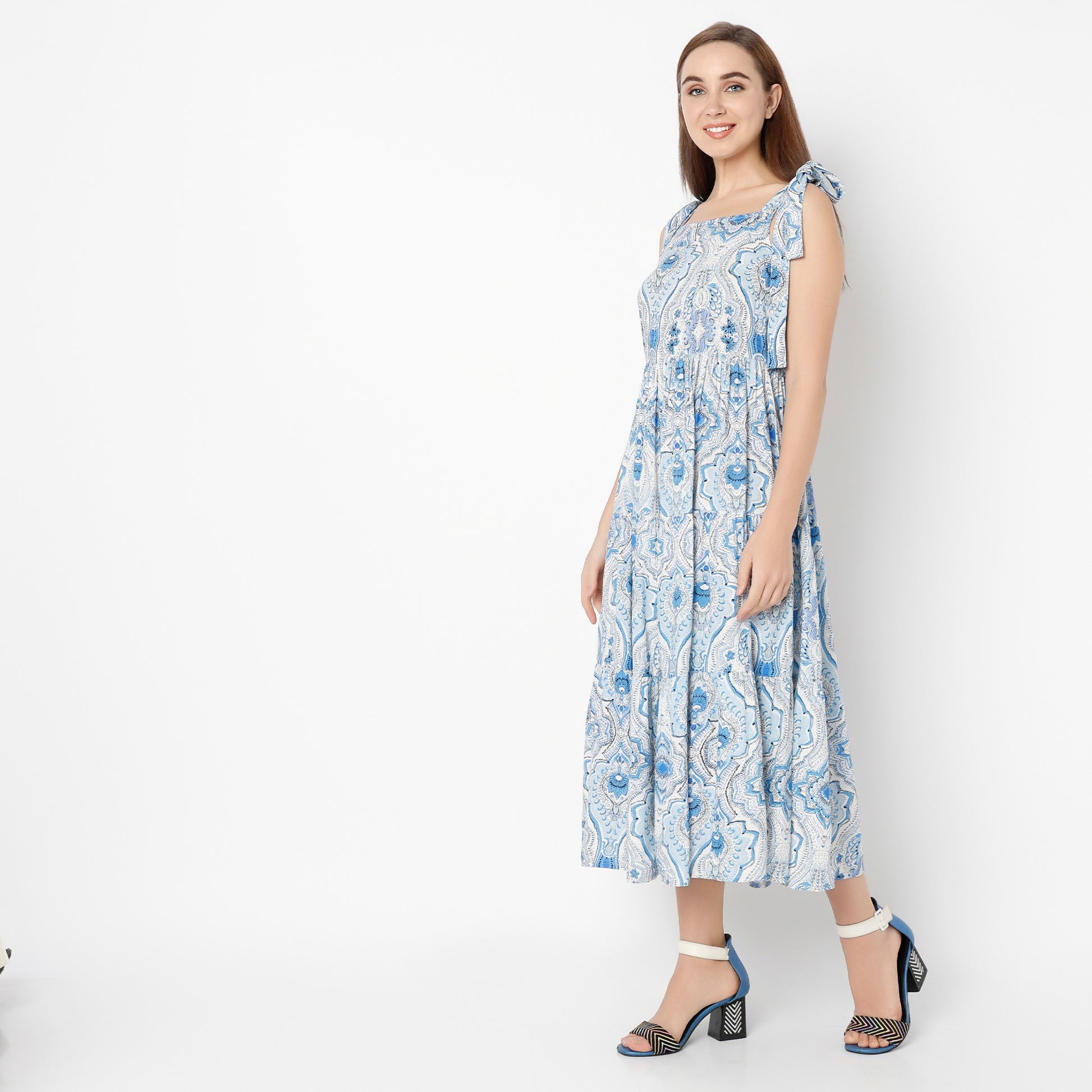 Flare Fit Printed Square Neck Dress