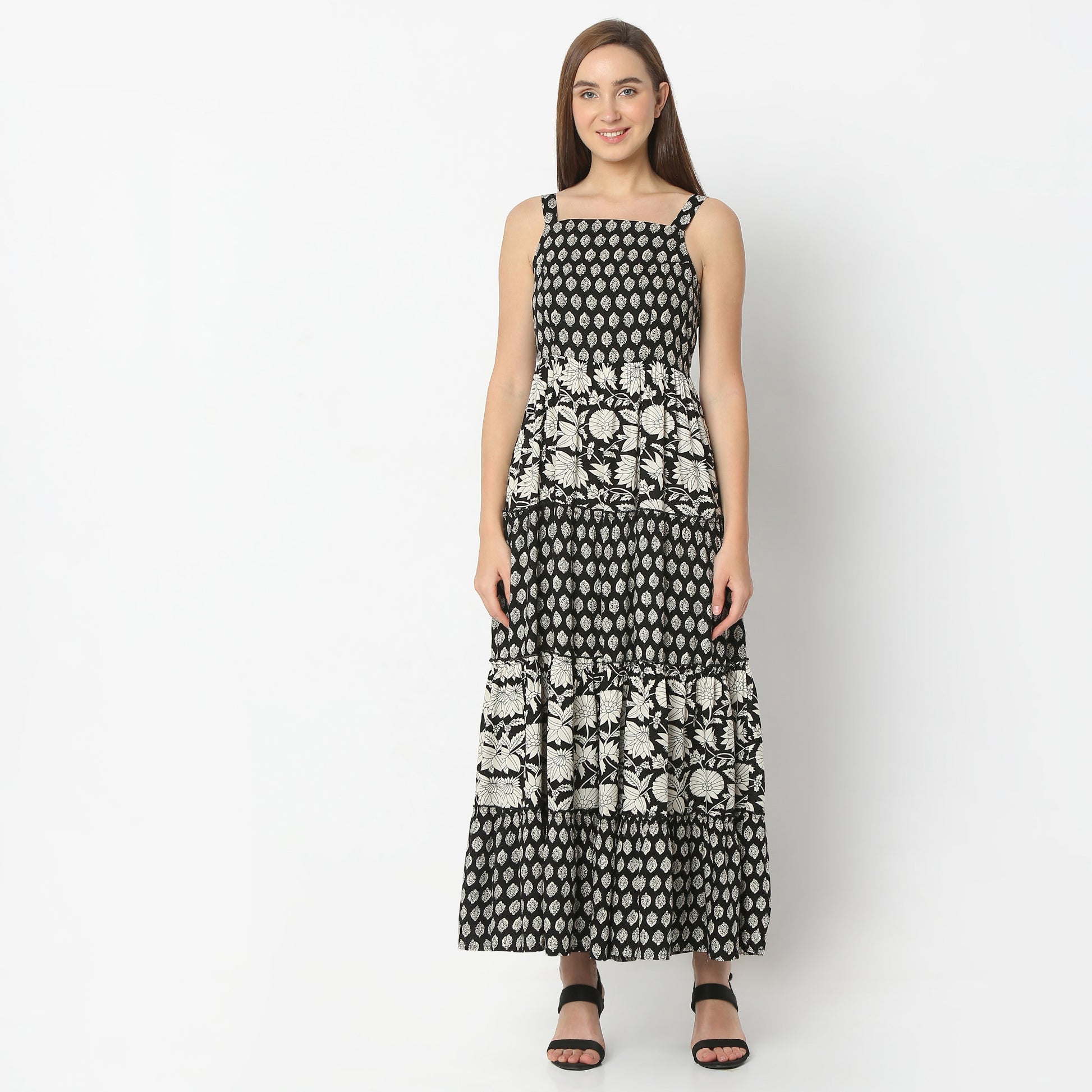 Flare Fit Printed Square Neck Full Length Dress