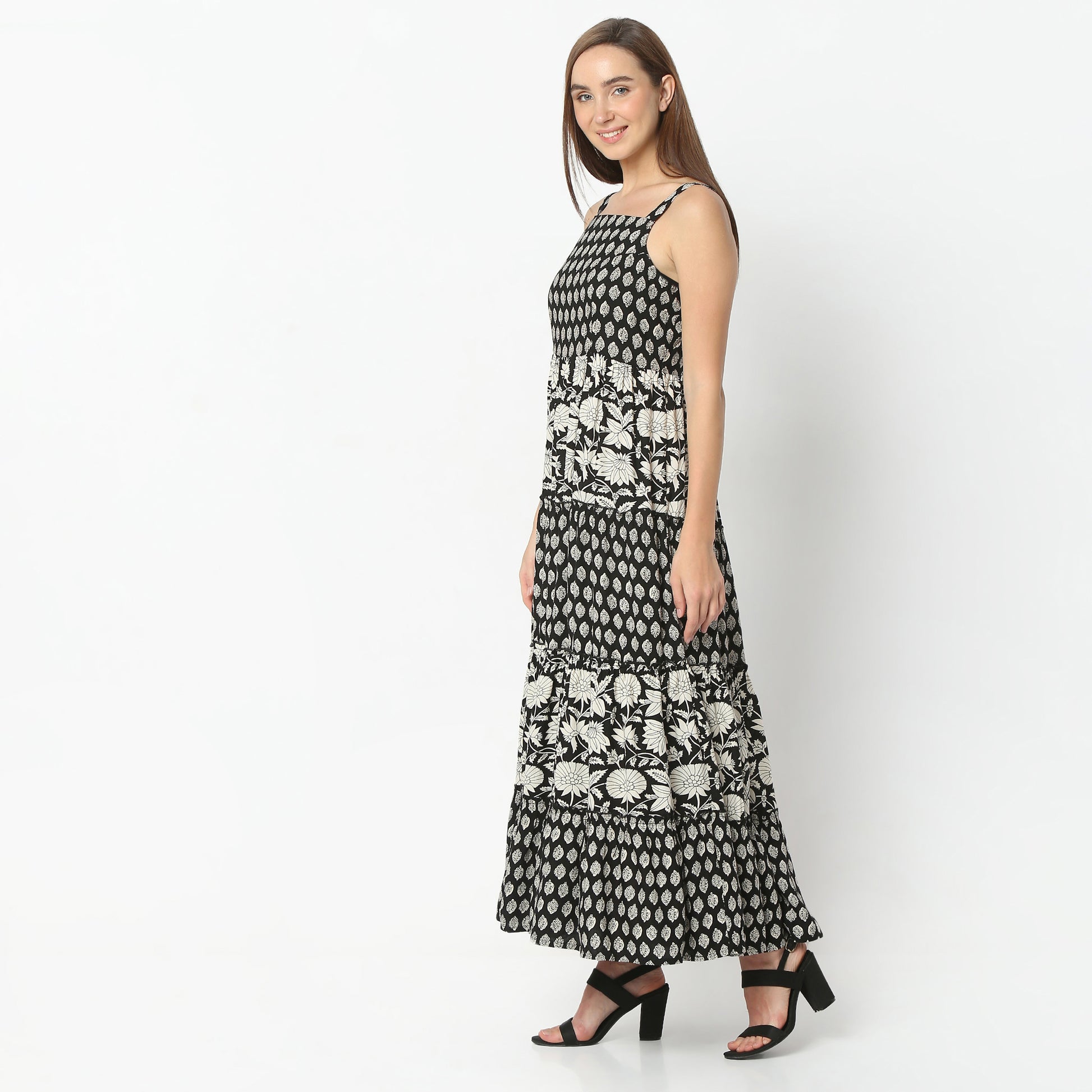 Flare Fit Printed Square Neck Full Length Dress