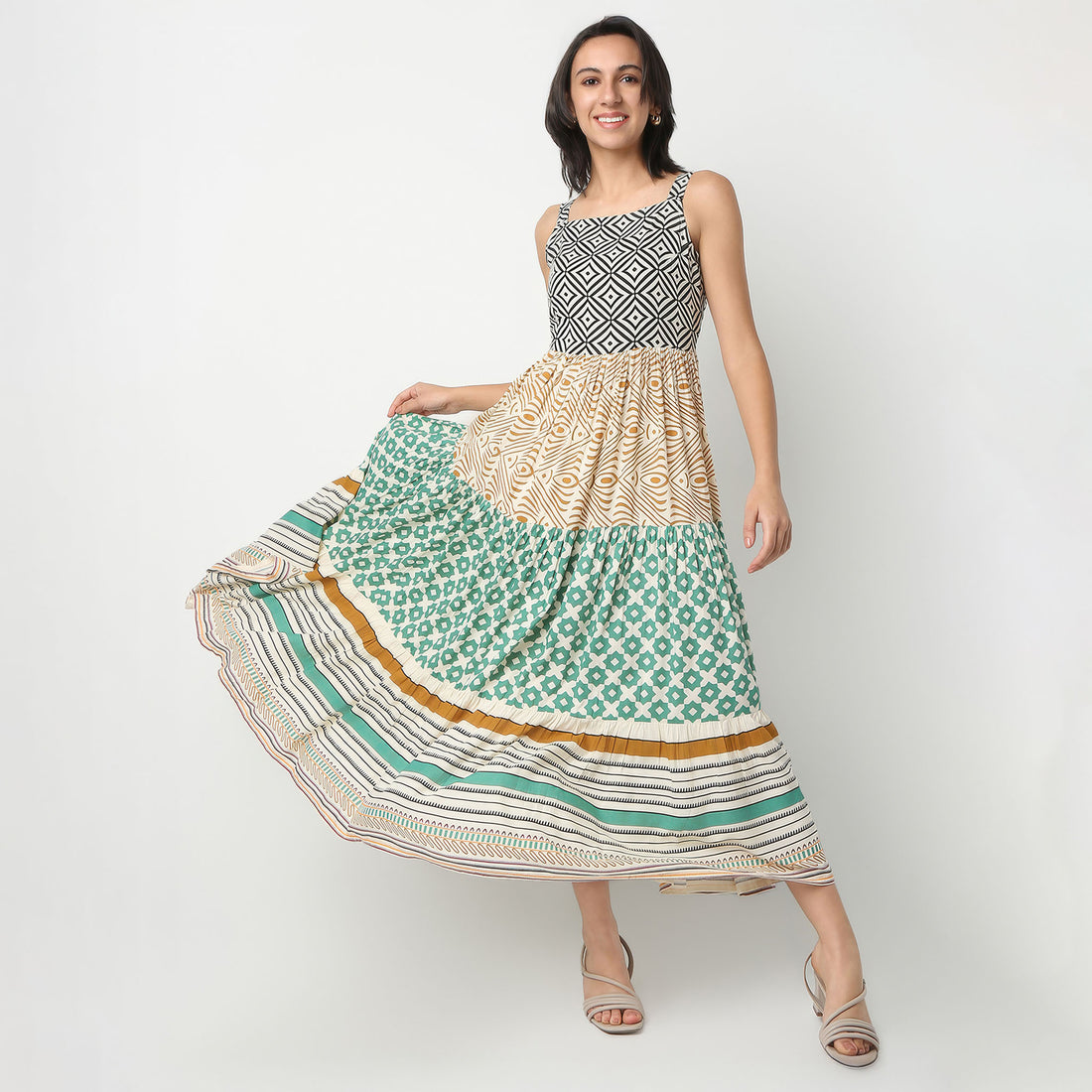 Printed Calf Length Square Neck Flared Sleeveless Dress