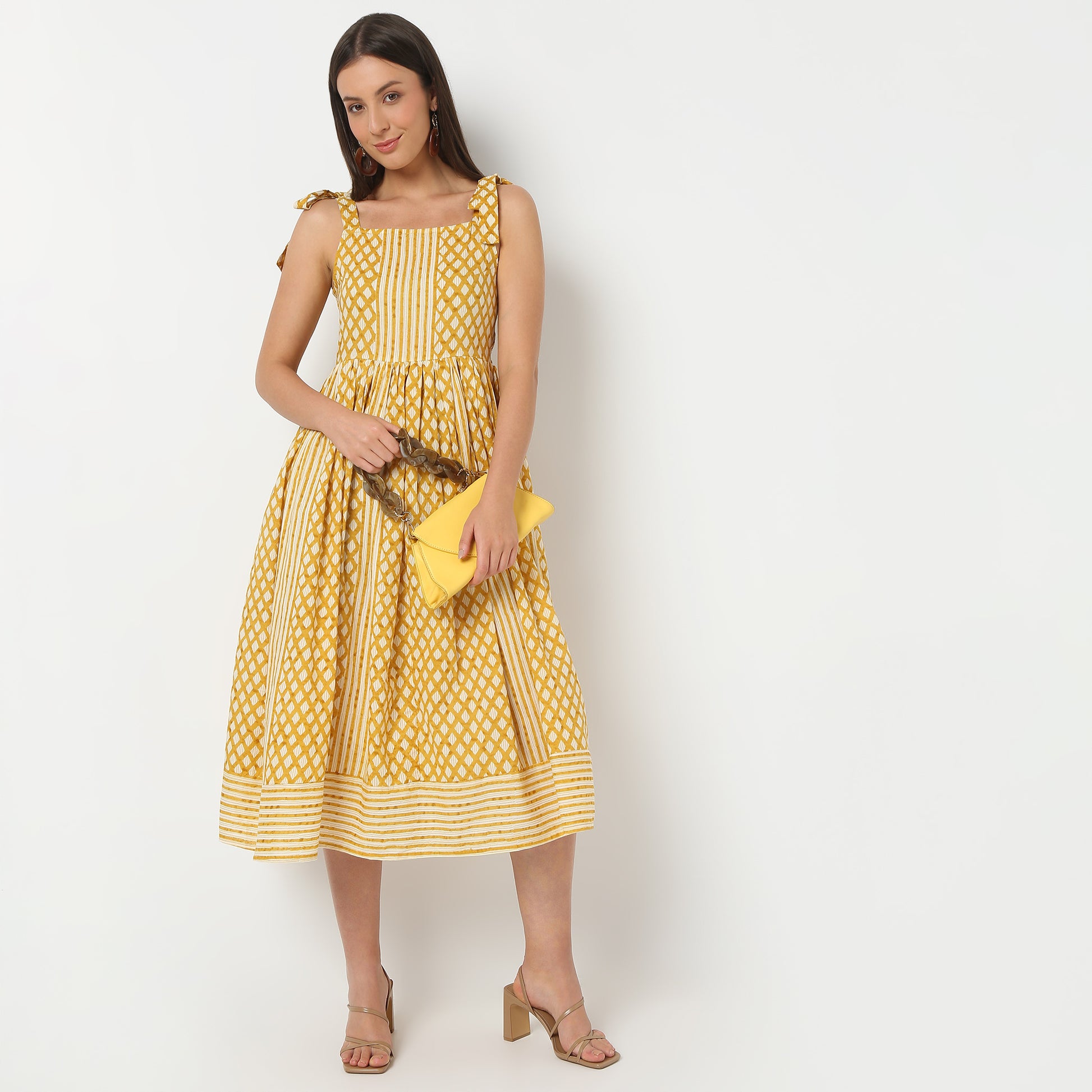 Square Neck Calf Length Sleeveless Printed Flare Fit Dress