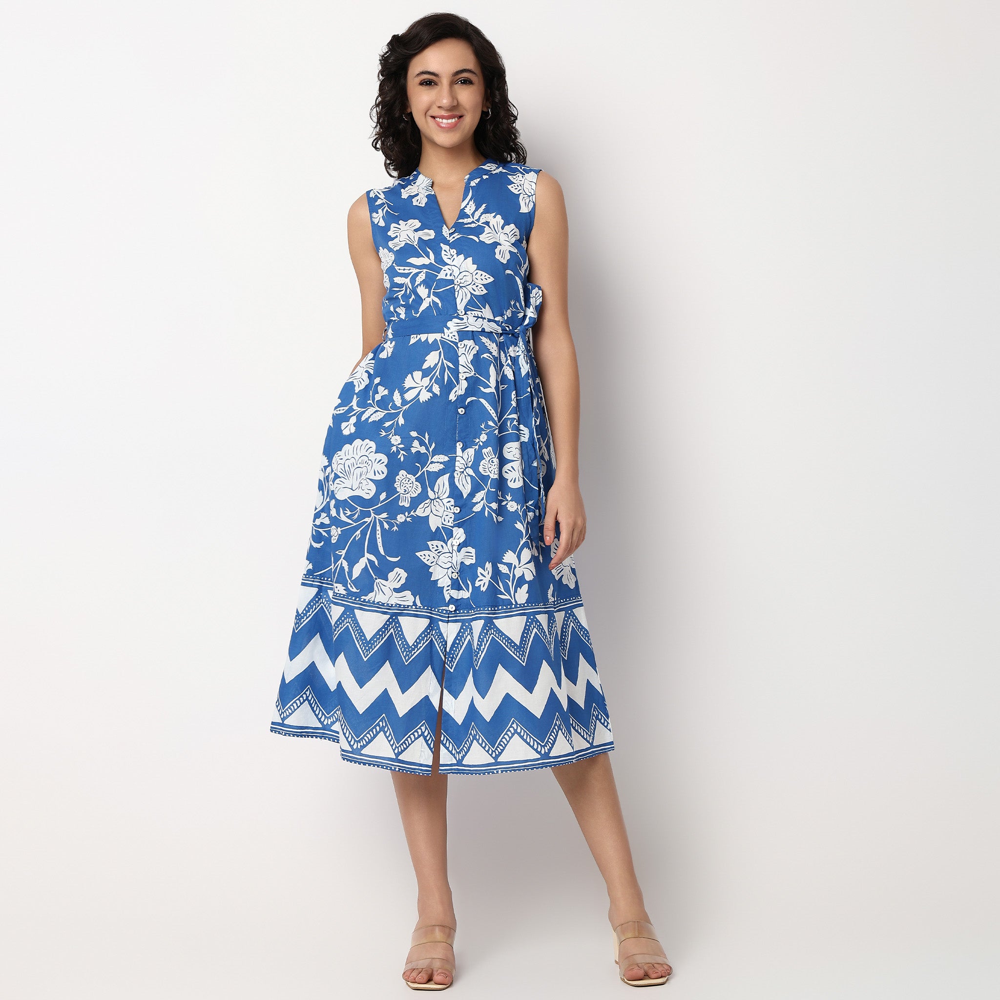 Floral Print Band Neck Flared Dress With Waist Tie-Up Detail