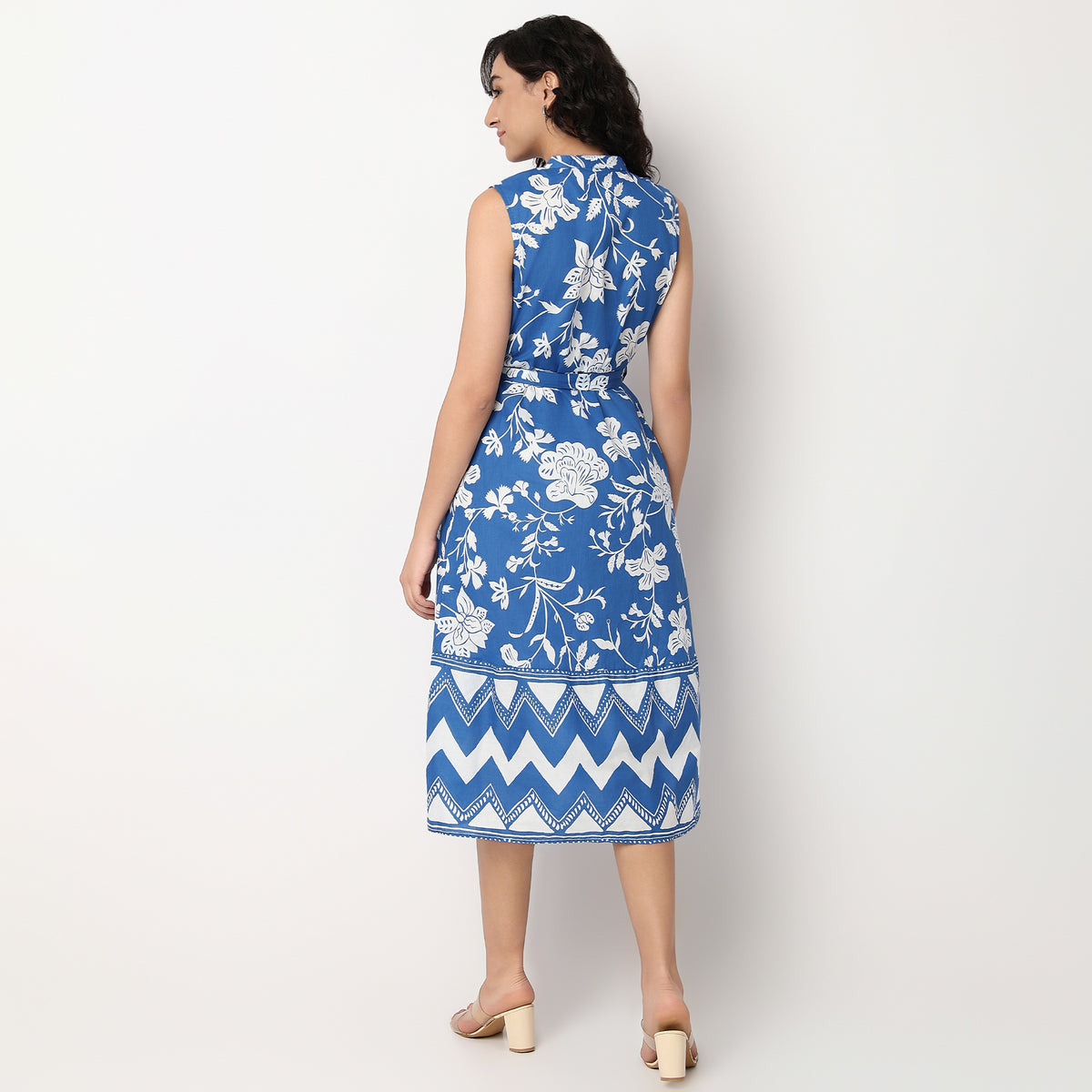 Floral Print Band Neck Flared Dress With Waist Tie-Up Detail