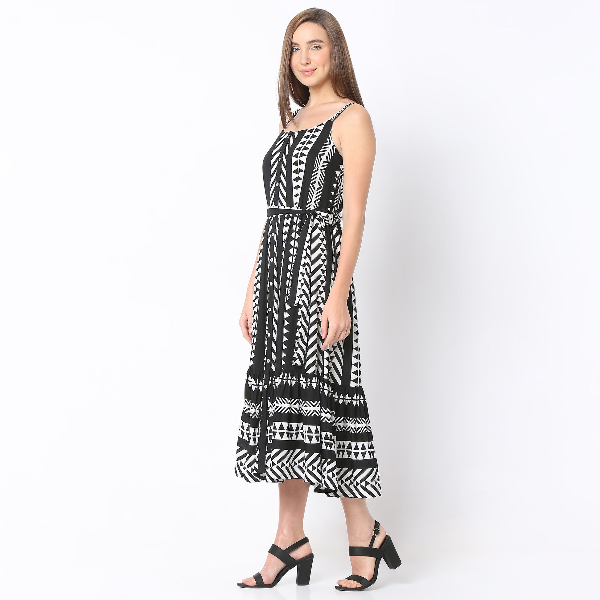 Flare Fit Printed Round Neck Below Knee Dress