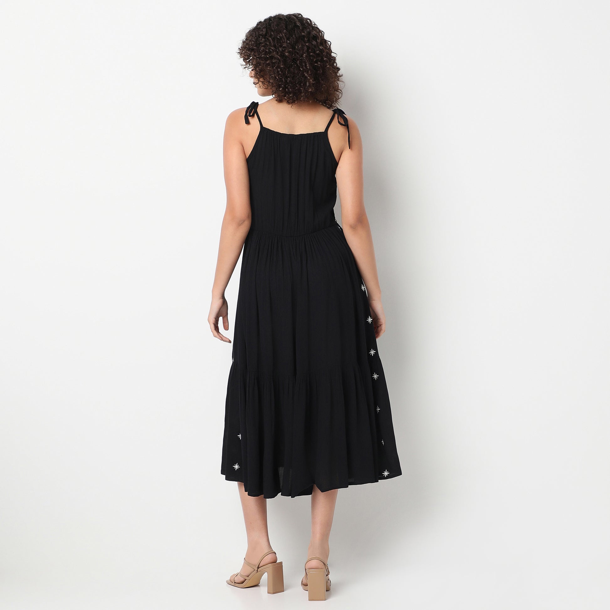 Flare Fit Embroiderd V-Neck Below Knee Dress