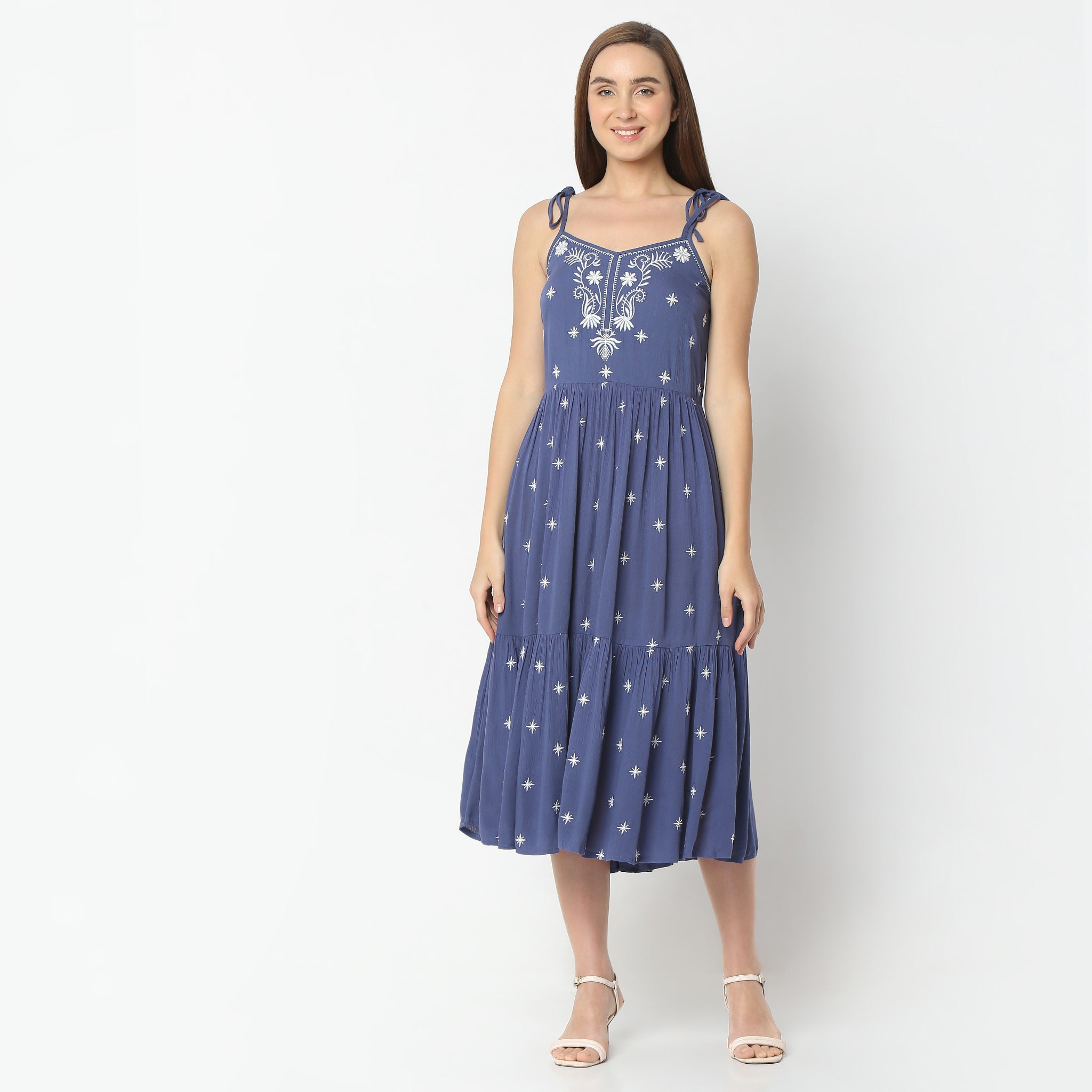 Flare Fit Embroiderd V-Neck Below Knee Dress