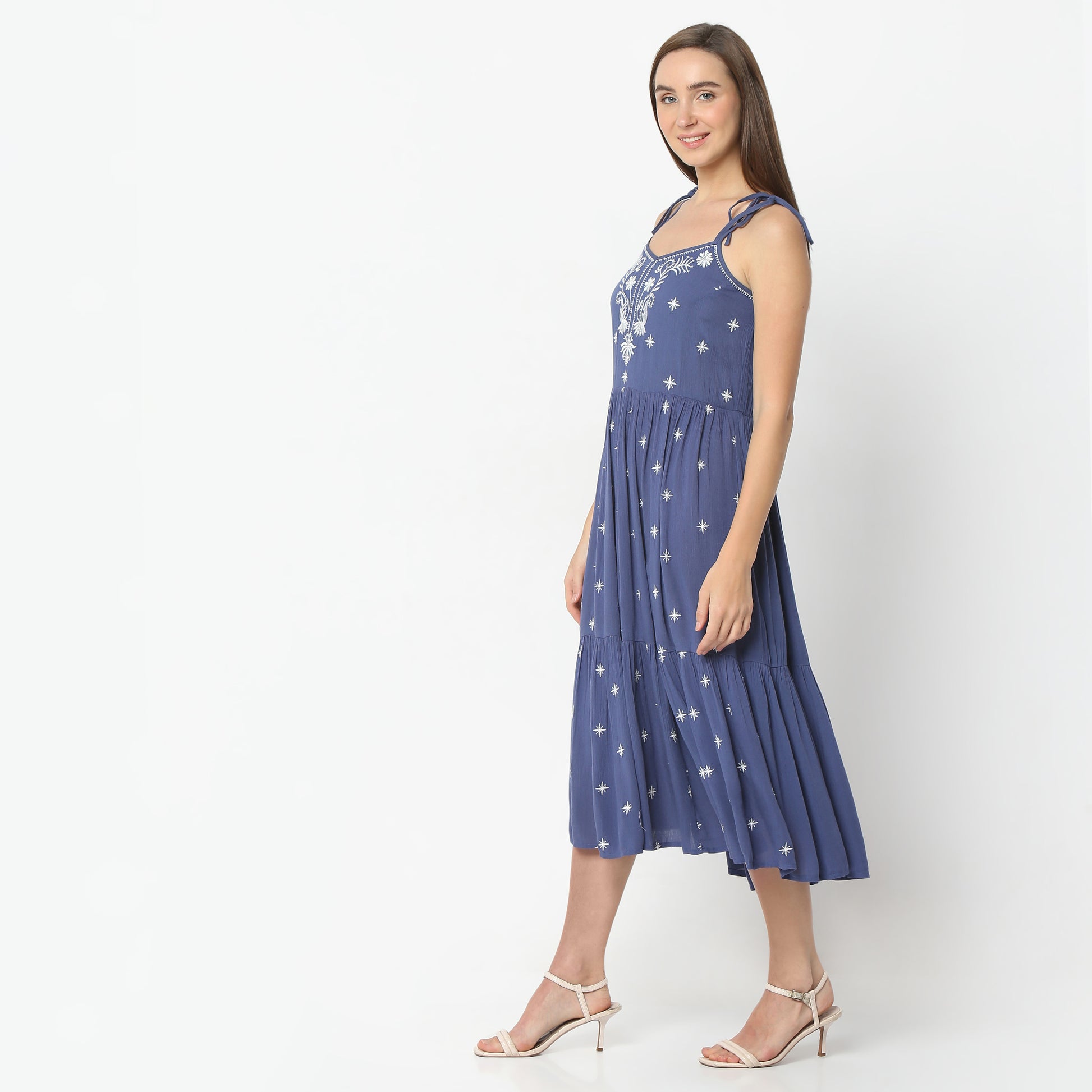 Flare Fit Embroiderd V-Neck Below Knee Dress