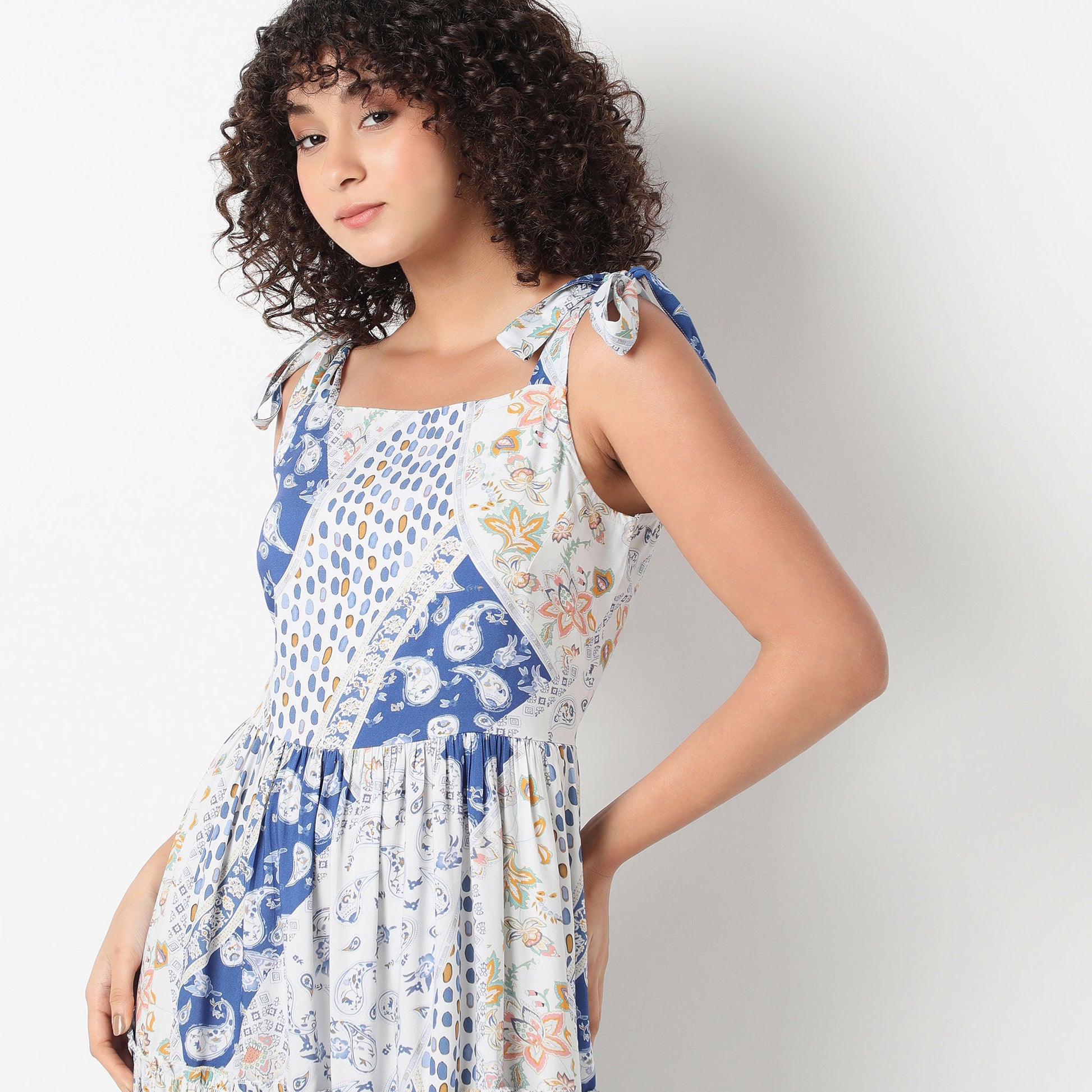 Flare Fit Printed Square Neck Dress