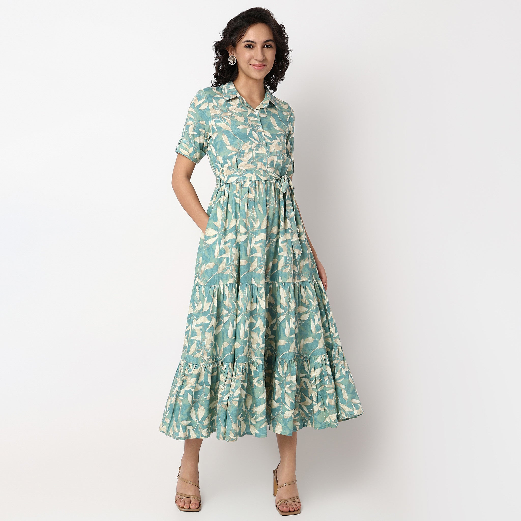 Camp Collar Flared Printed Tiered Dress