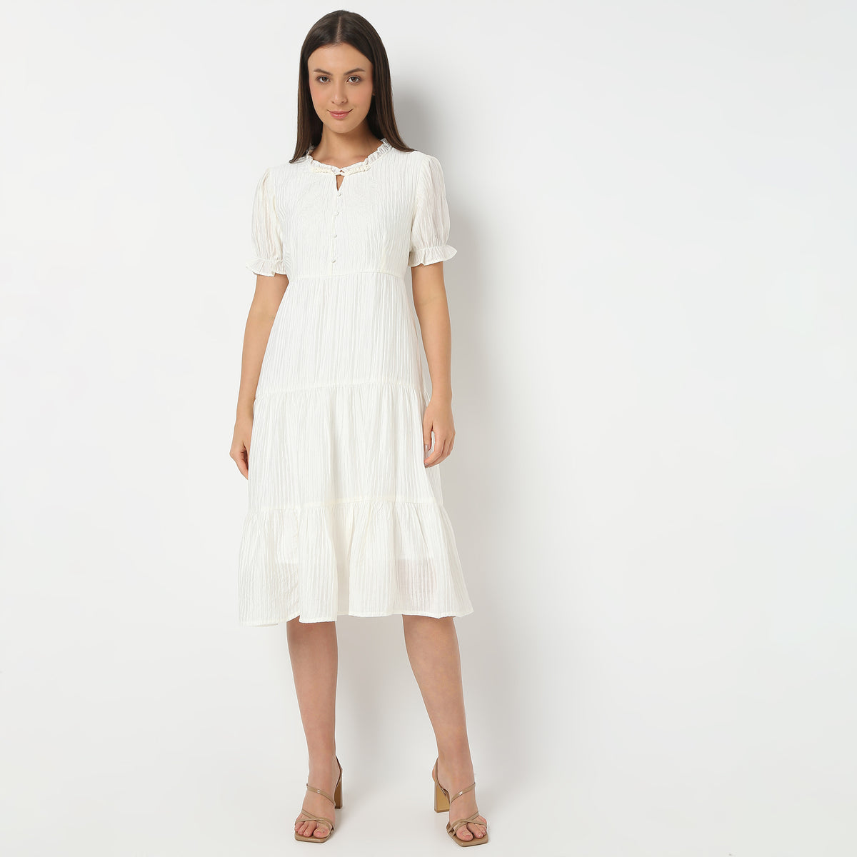 Solid Round Neck Below Knee Length Flare Fit Dress