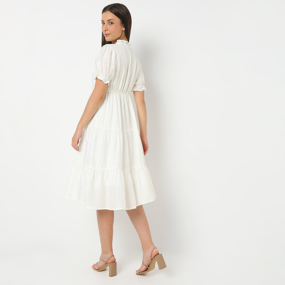 Solid Round Neck Below Knee Length Flare Fit Dress