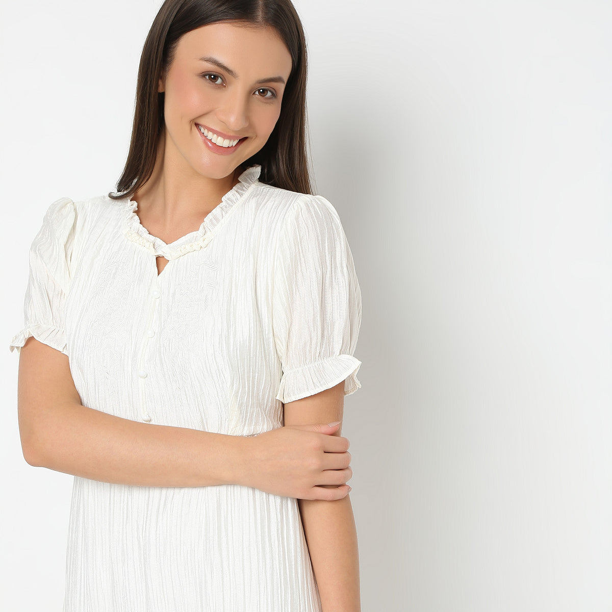 Solid Round Neck Below Knee Length Flare Fit Dress