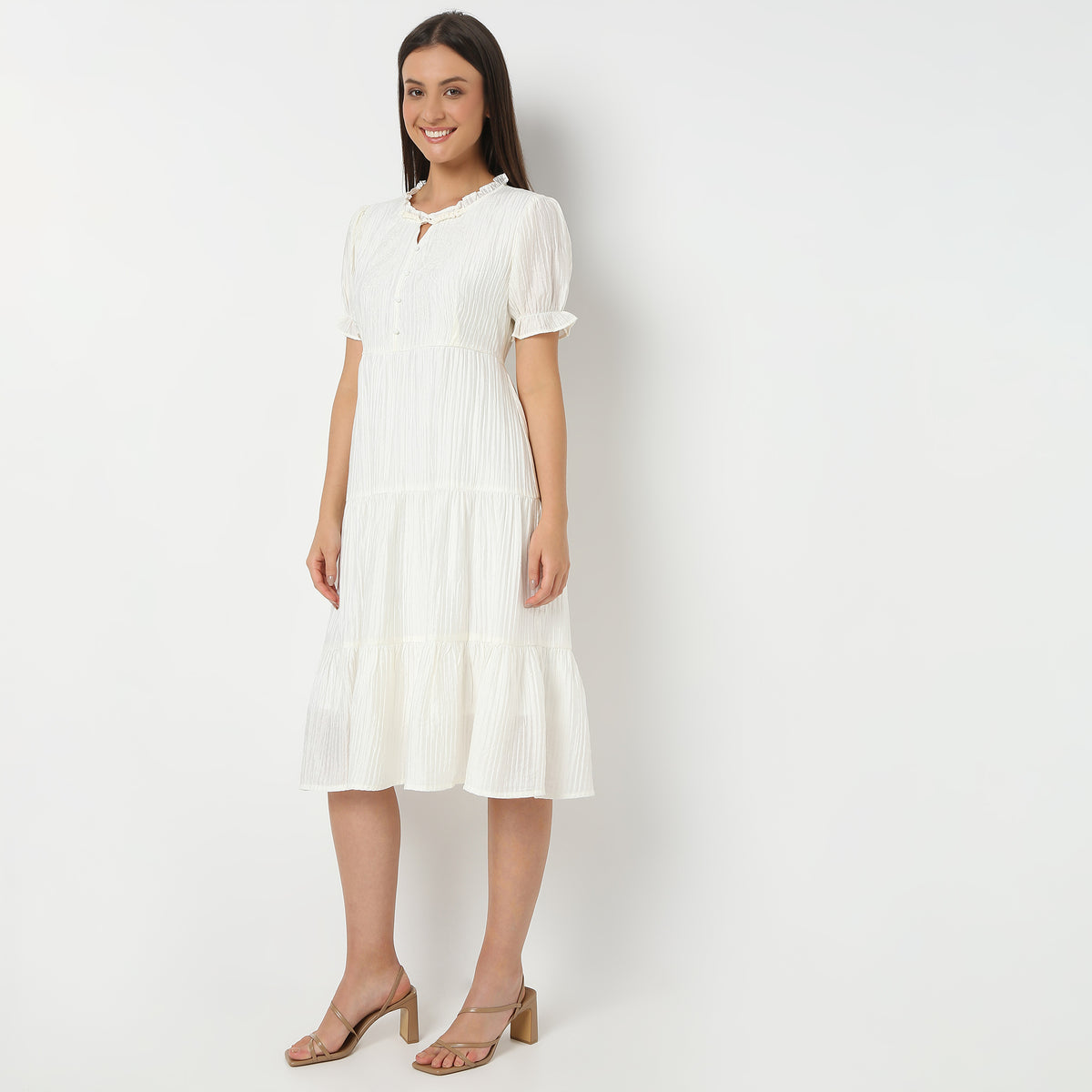 Solid Round Neck Below Knee Length Flare Fit Dress