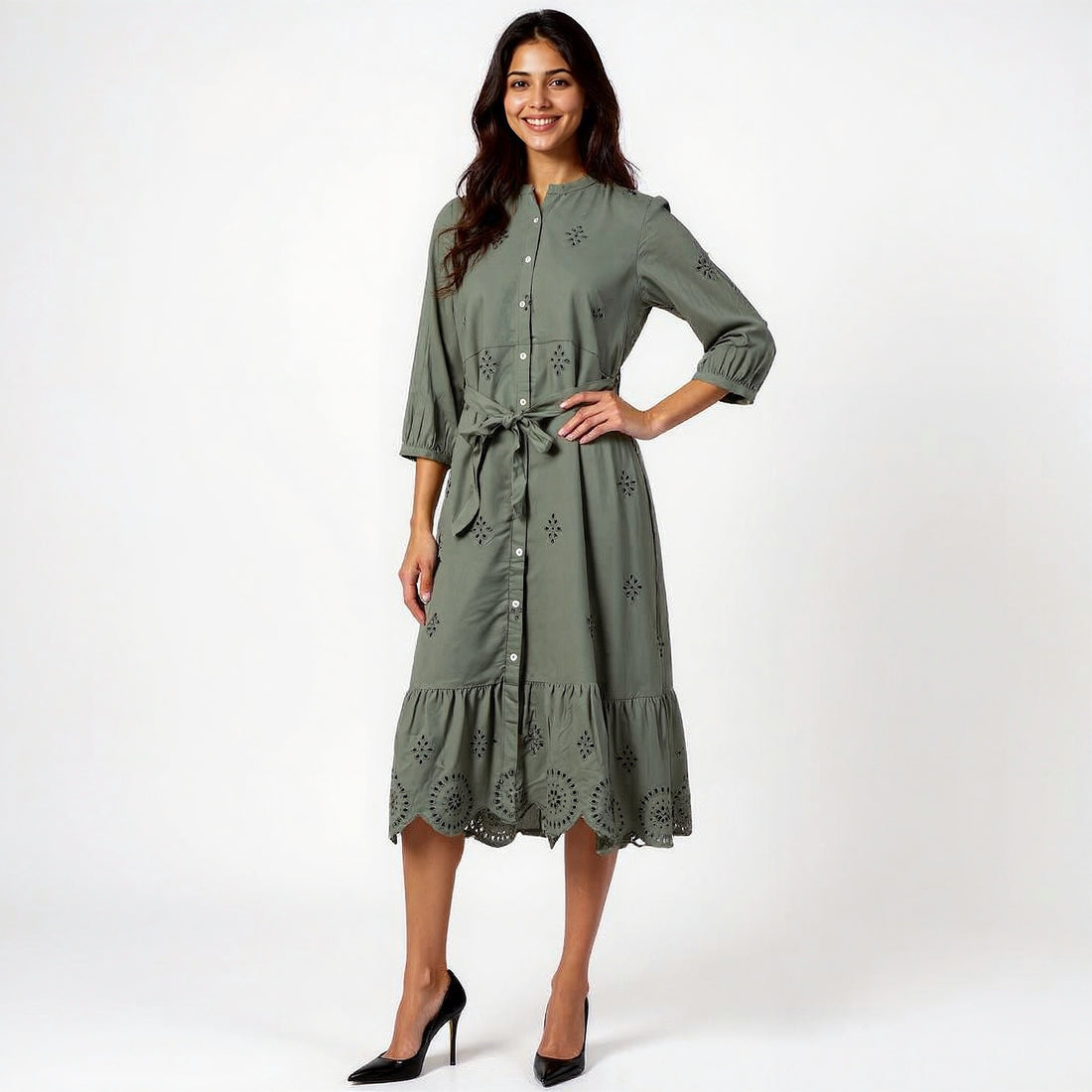 Button Down Tiered Schiffli Dress