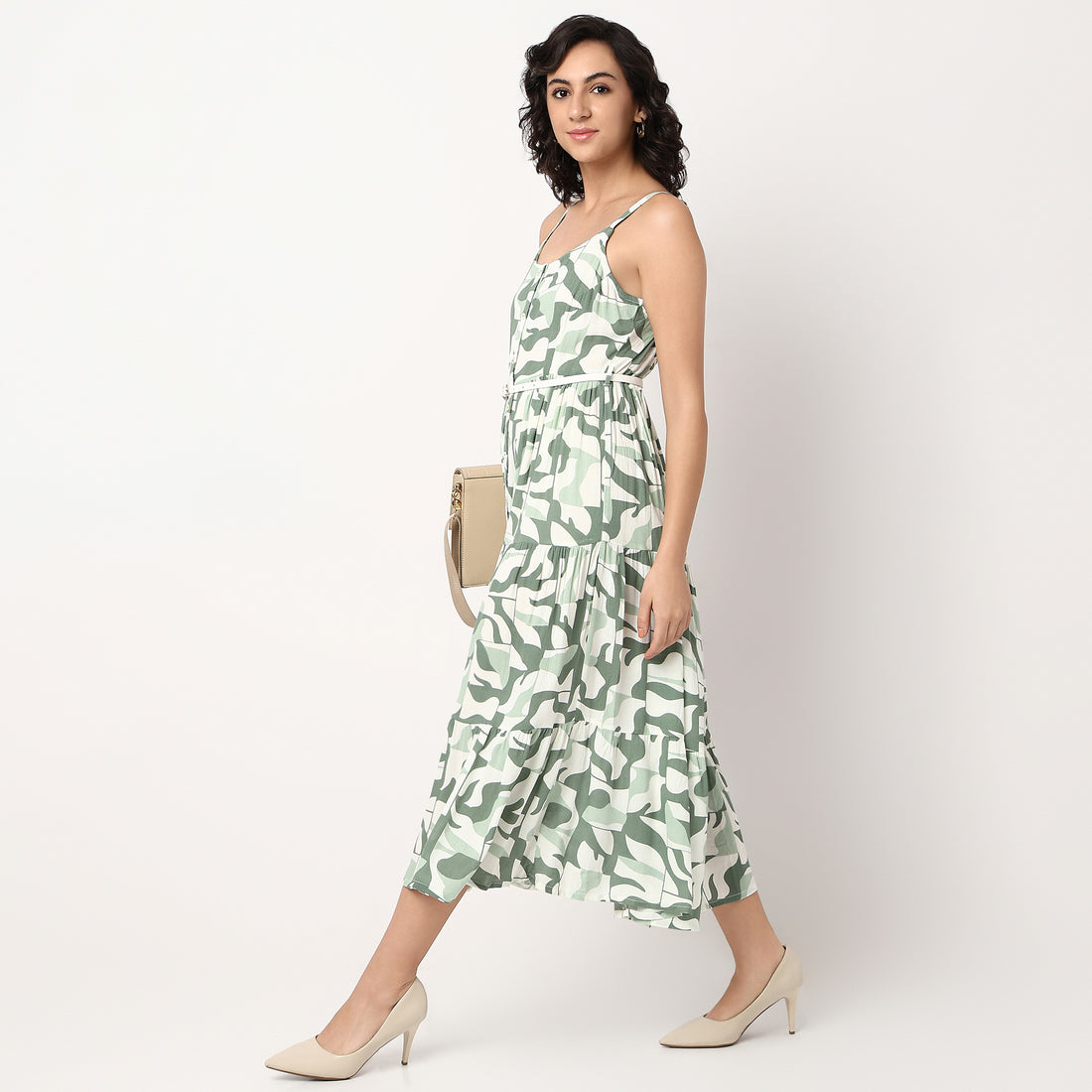 Printed Scoop Neck Flared Strappy Tiered Dress