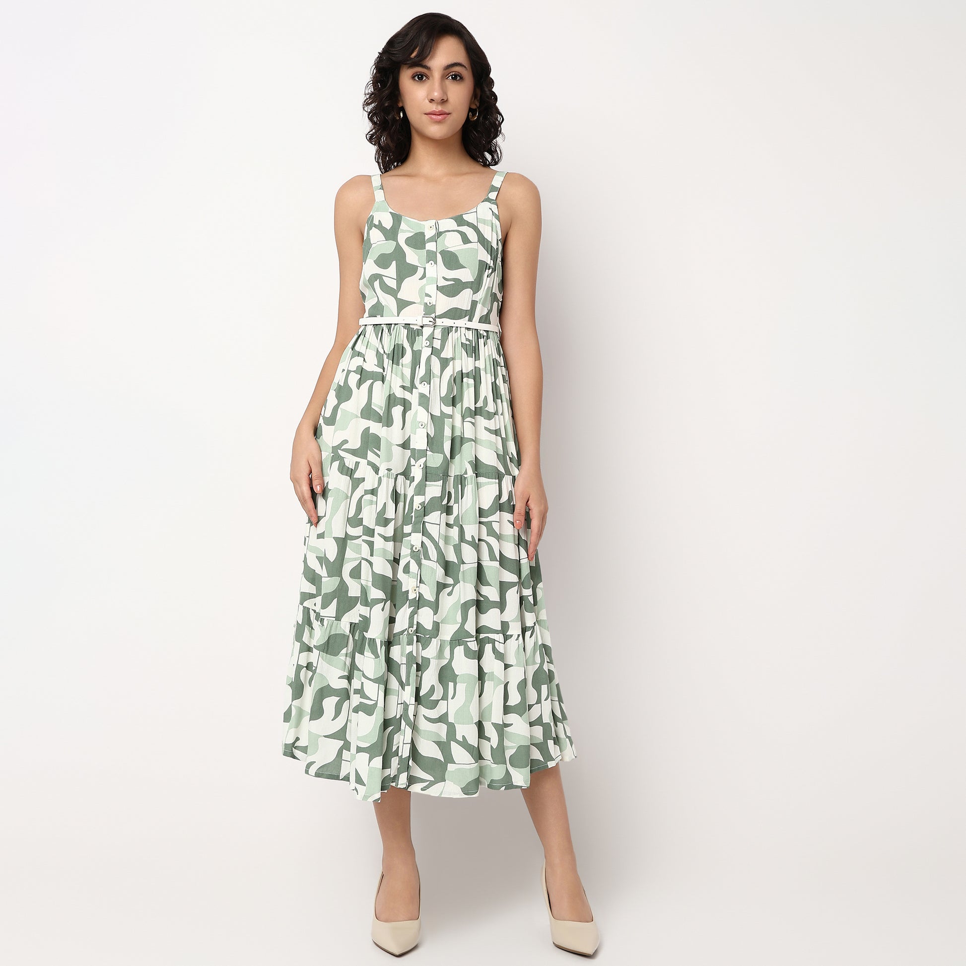 Printed Scoop Neck Flared Strappy Tiered Dress