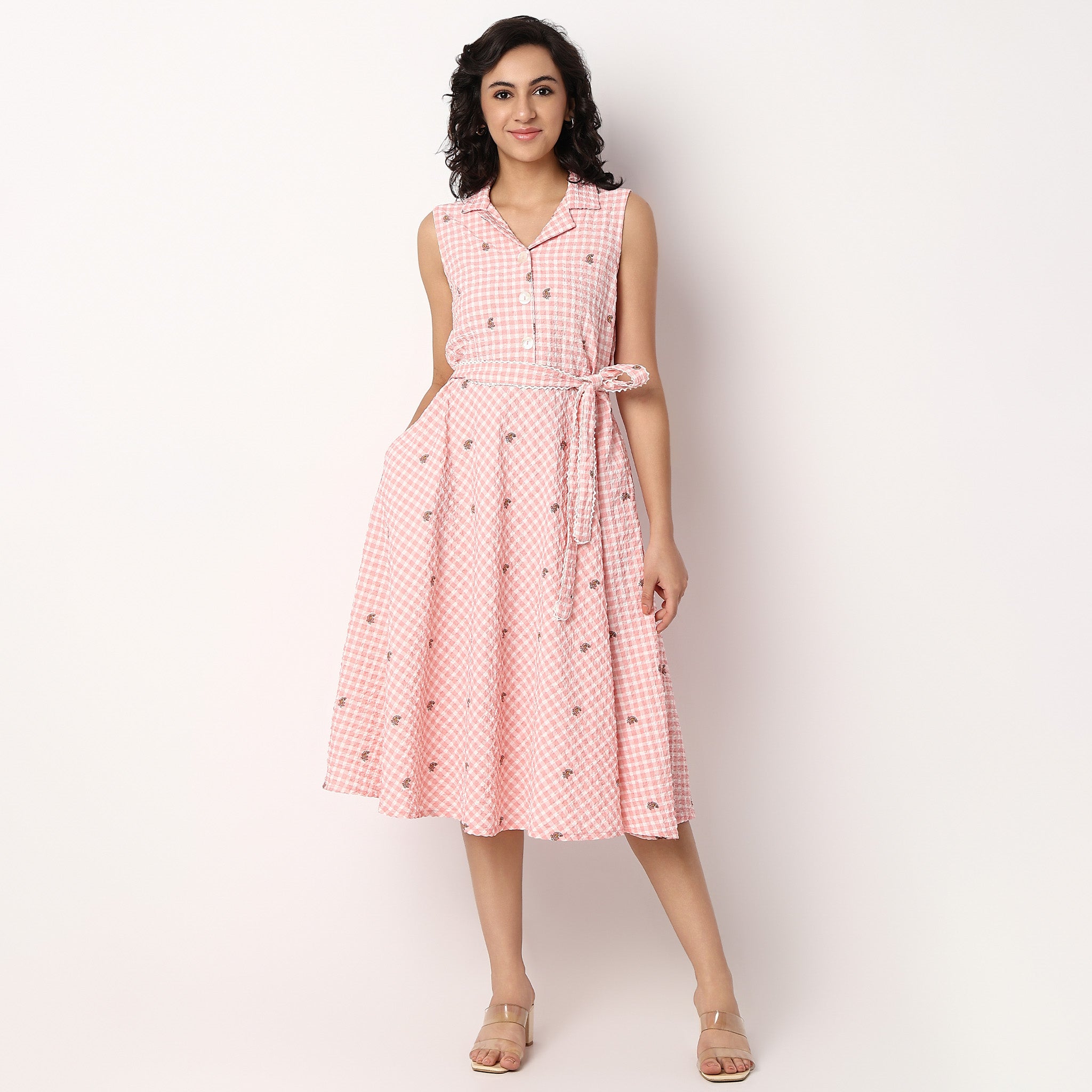 Printed Lapel Collar Flared Sleeveless Dress With Waist Tie-Up Detail