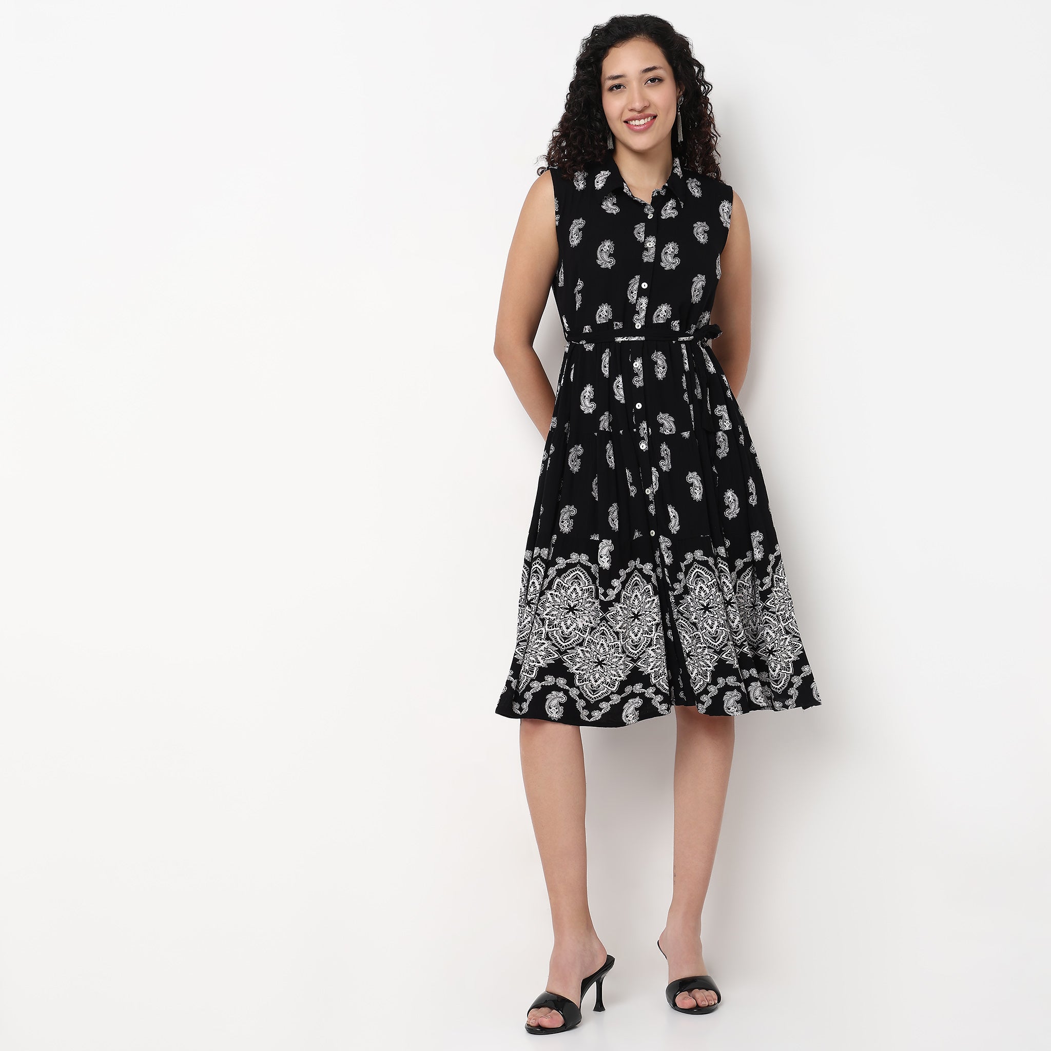 Shirt Collar Sleeveless Tiered Dress