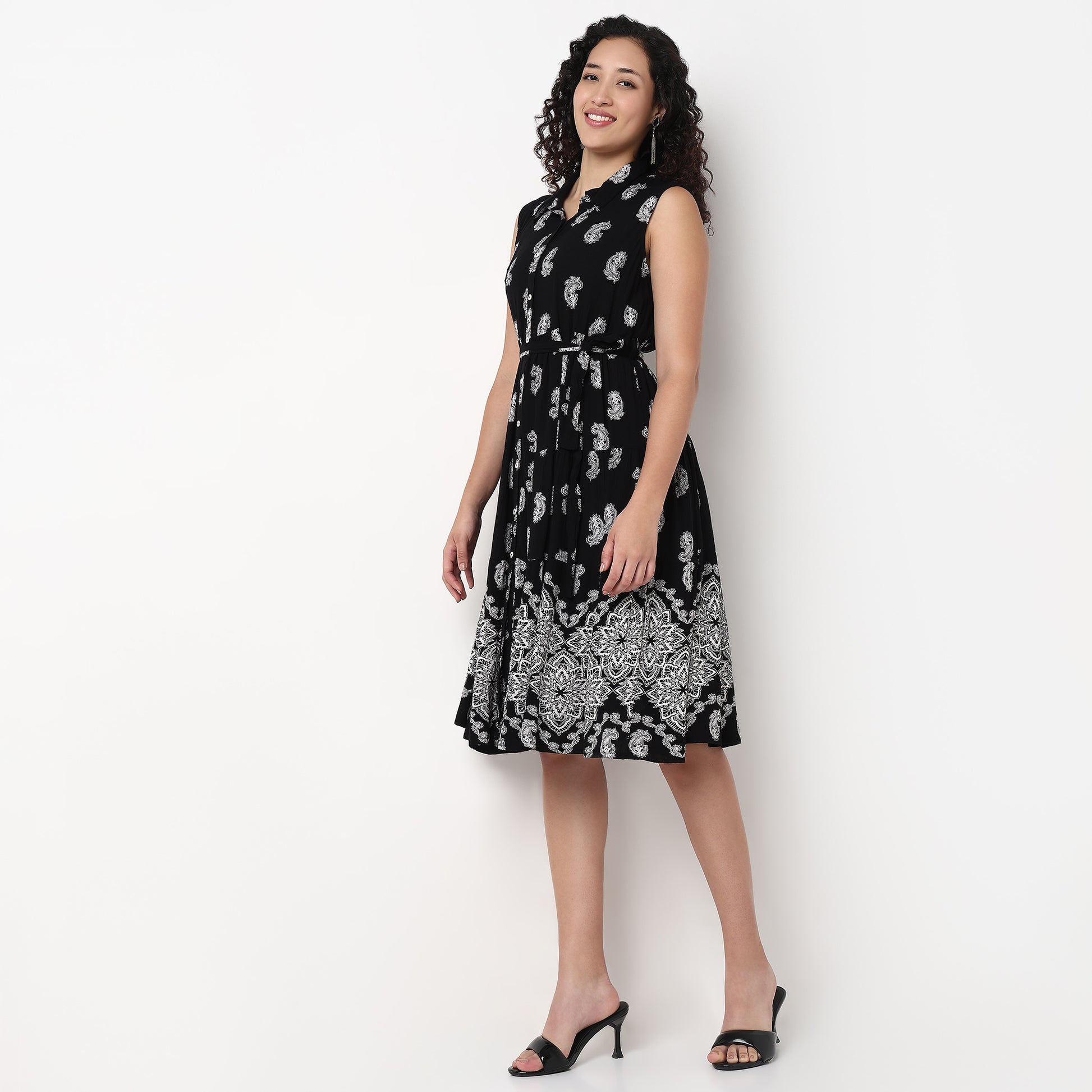 Shirt Collar Sleeveless Tiered Dress