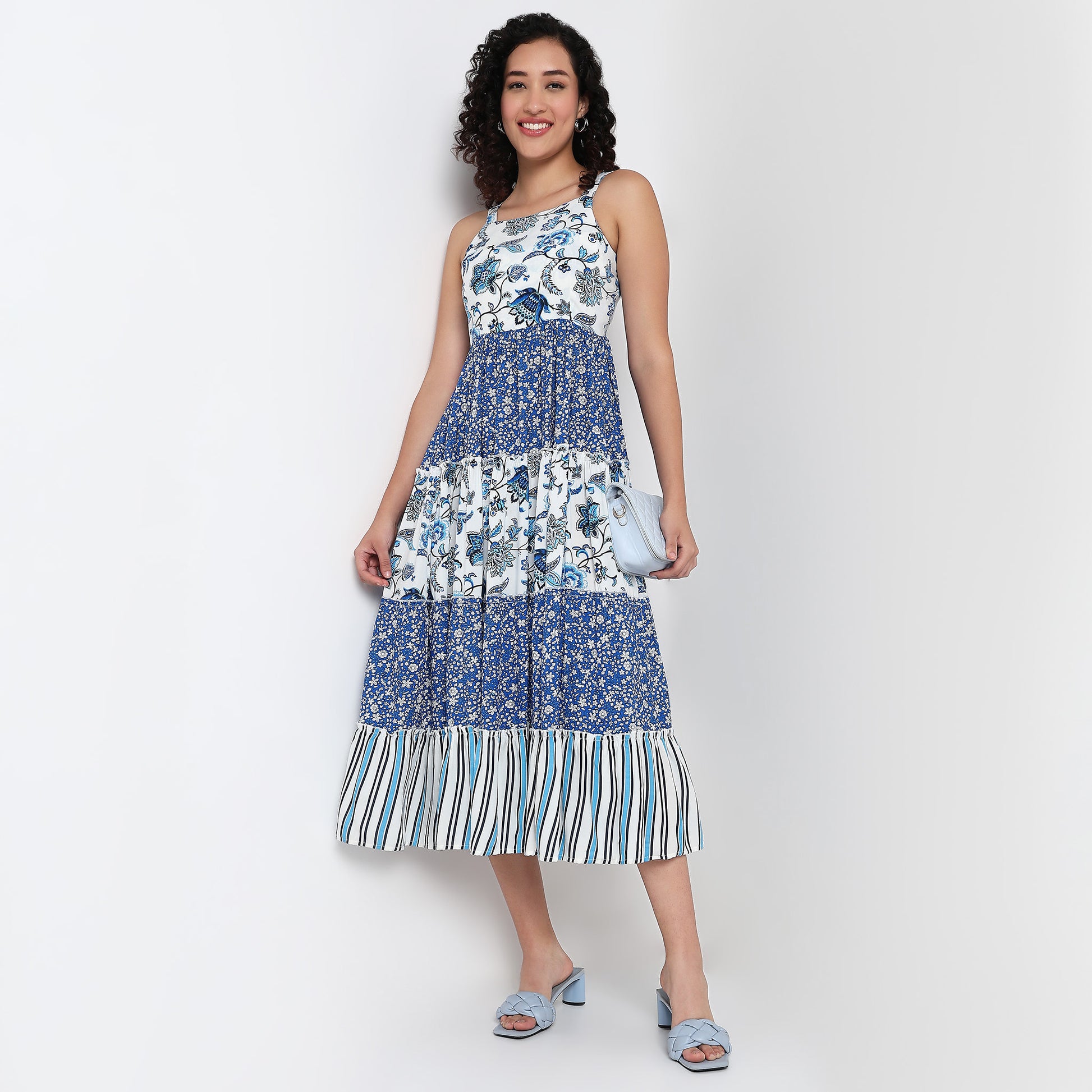Printed Square Neck Flared Strapy Tiered Dress